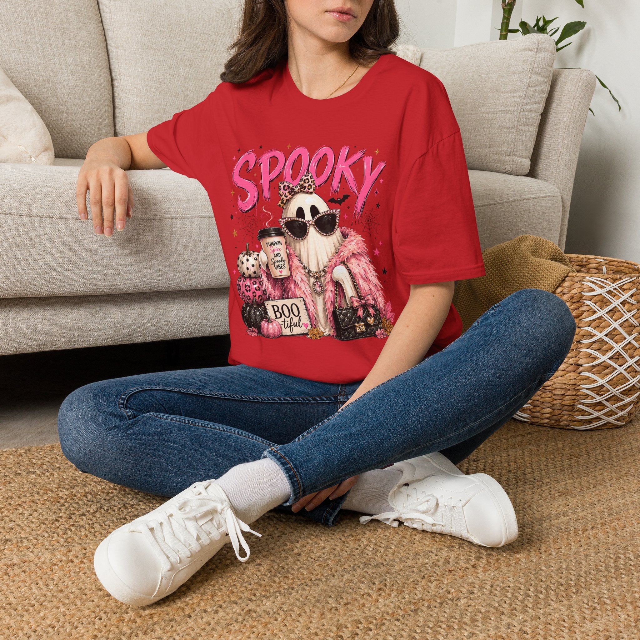 Spooky Glam T-Shirt — Cute Pink Ghost with Sunglasses & Pumpkin Latte