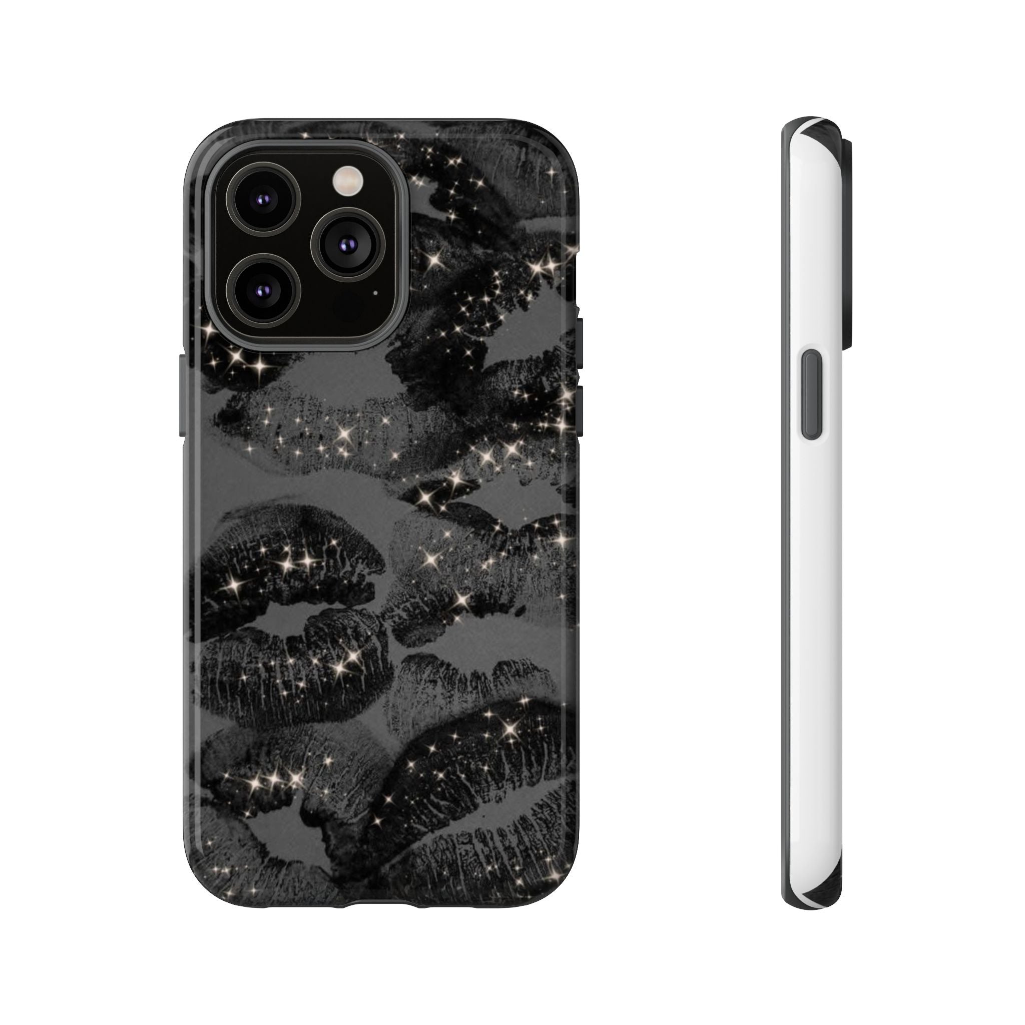 Black Glitter Kiss Phone Case — Sparkling Lip Print Protective Cover