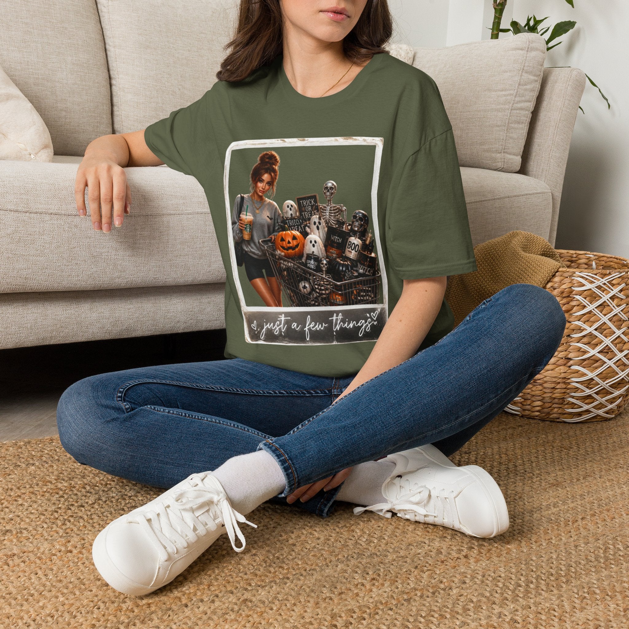 Halloween Cozy Tee — Woman with Pumpkin & Skeleton Graphic