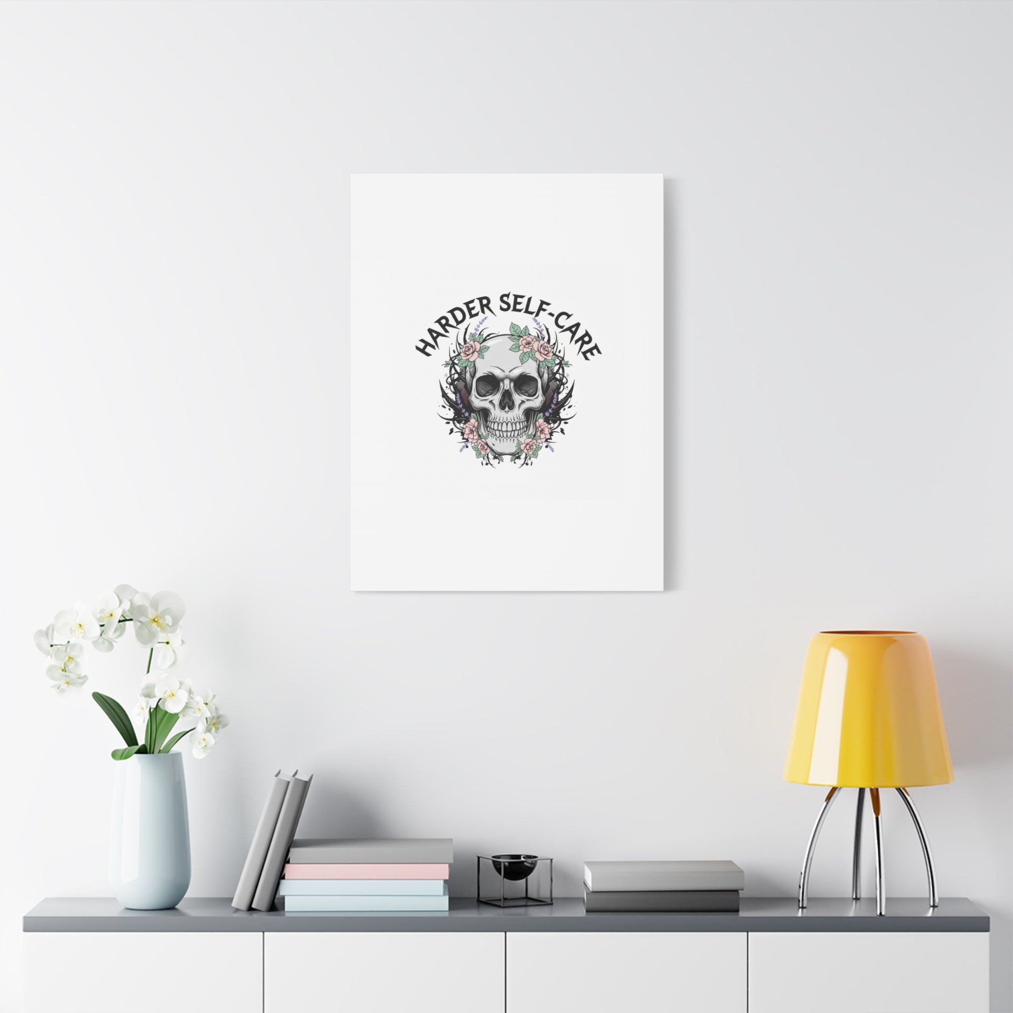 Harder Self-Care Skull Canvas | Heavy Metal Wellness, gothic wellness quote