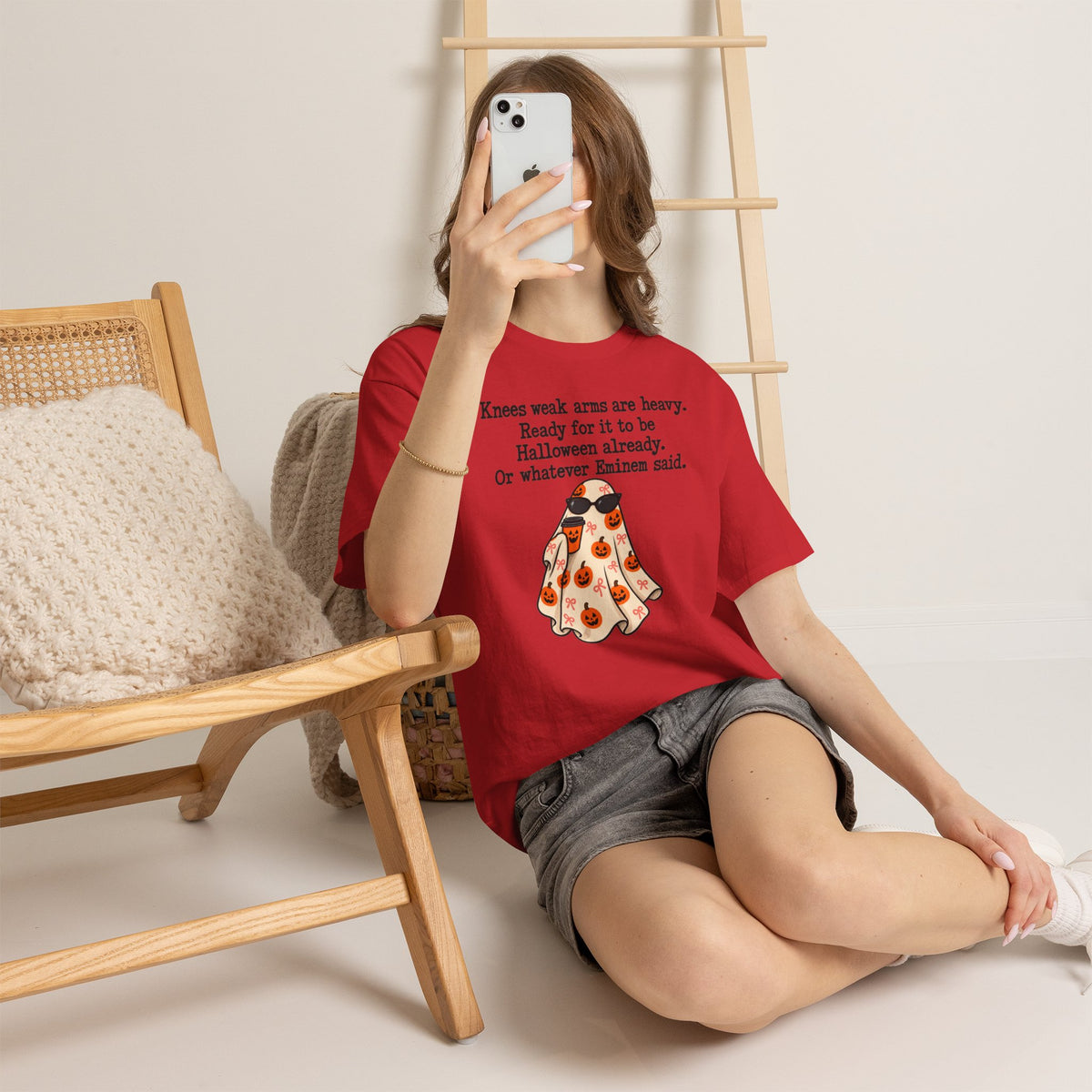 Funny Halloween Ghost T-Shirt — "Knees weak arms are heavy. Ready for it to be Halloween already. Or whatever Slim said."