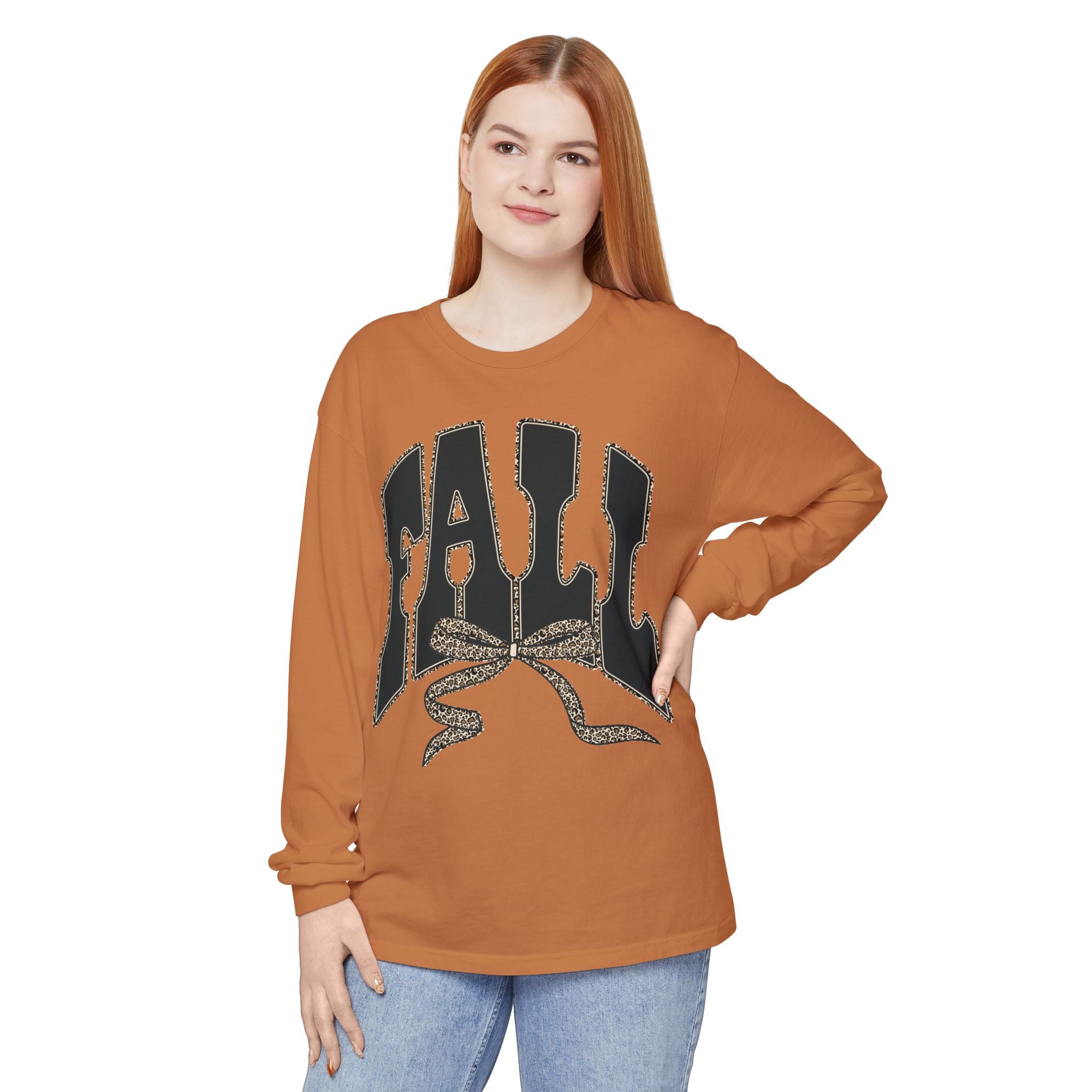 Fall Bow Long Sleeve Tee — 'FALL' Graphic Garment-Dyed Shirt