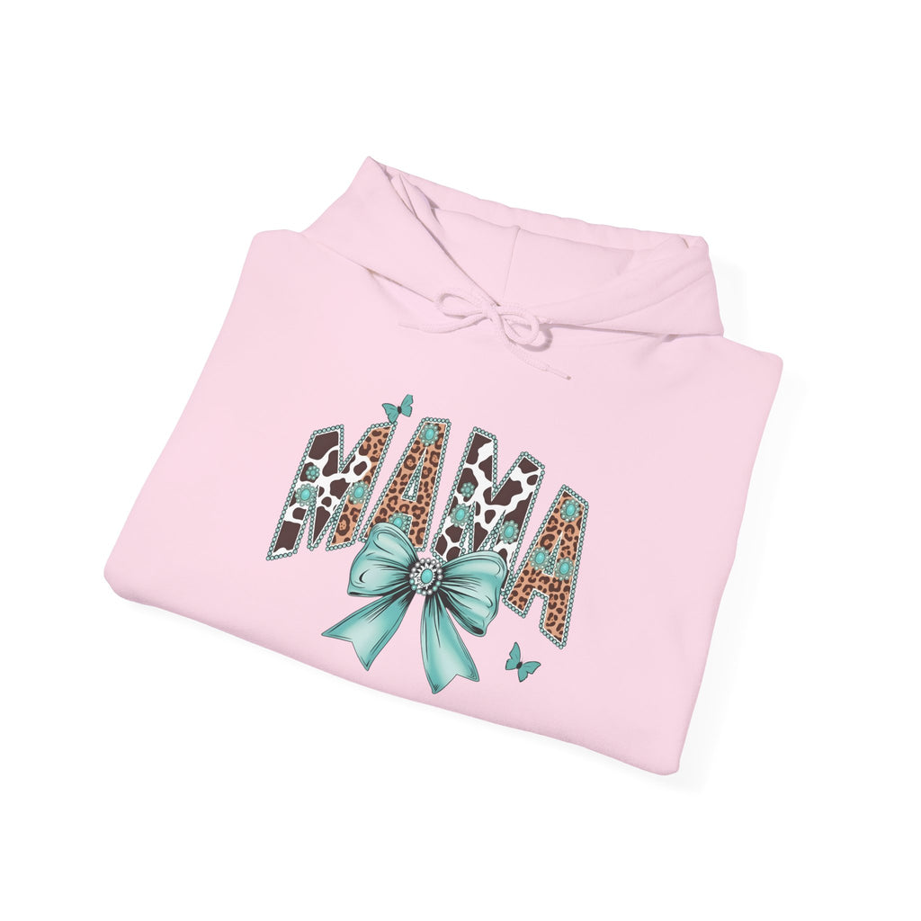 Mama Leopard Letters teal bow Hoodie | Cow print back panel, sleeve bows