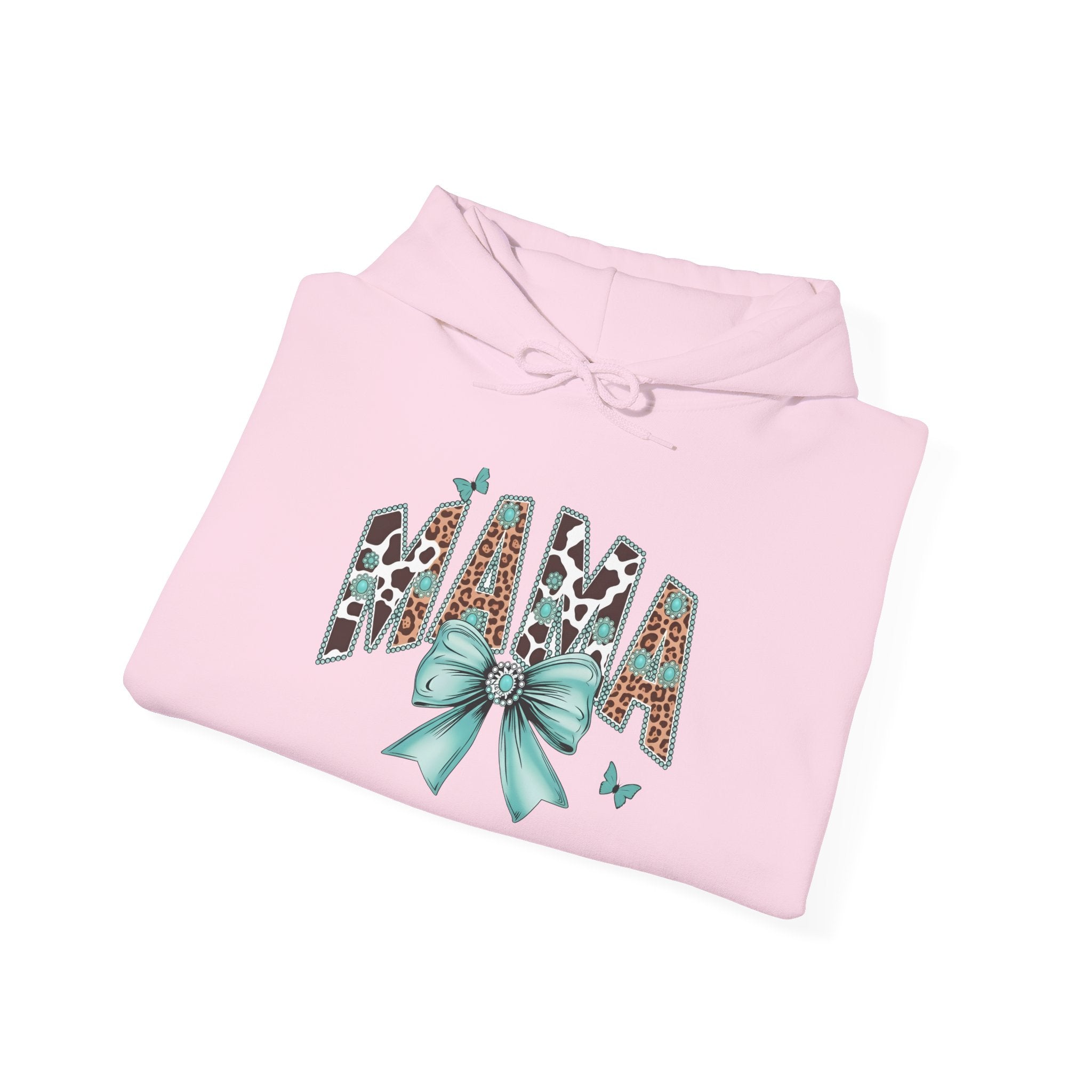Mama Leopard Letters teal bow Hoodie | Cow print back panel, sleeve bows