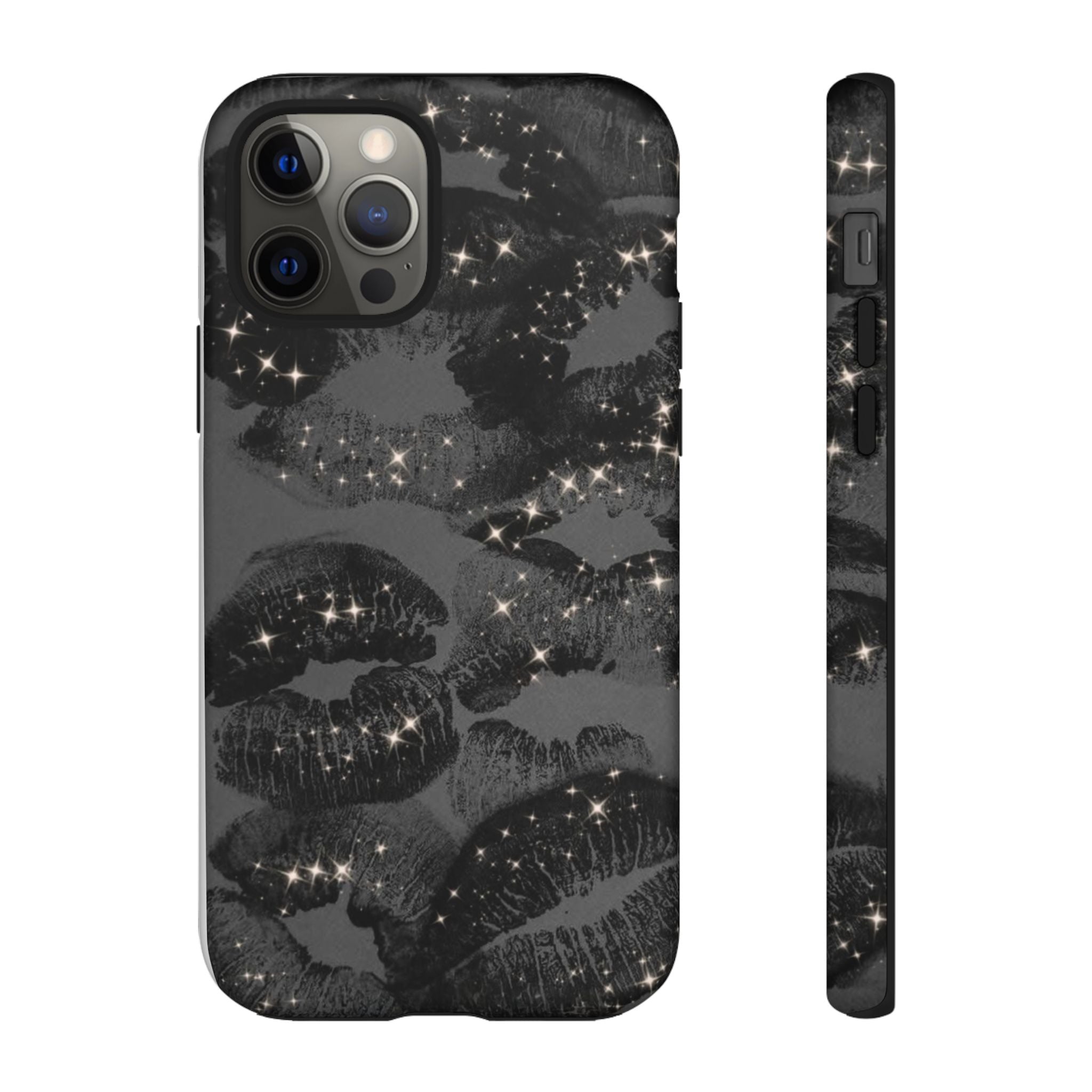 Black Glitter Kiss Phone Case — Sparkling Lip Print Protective Cover