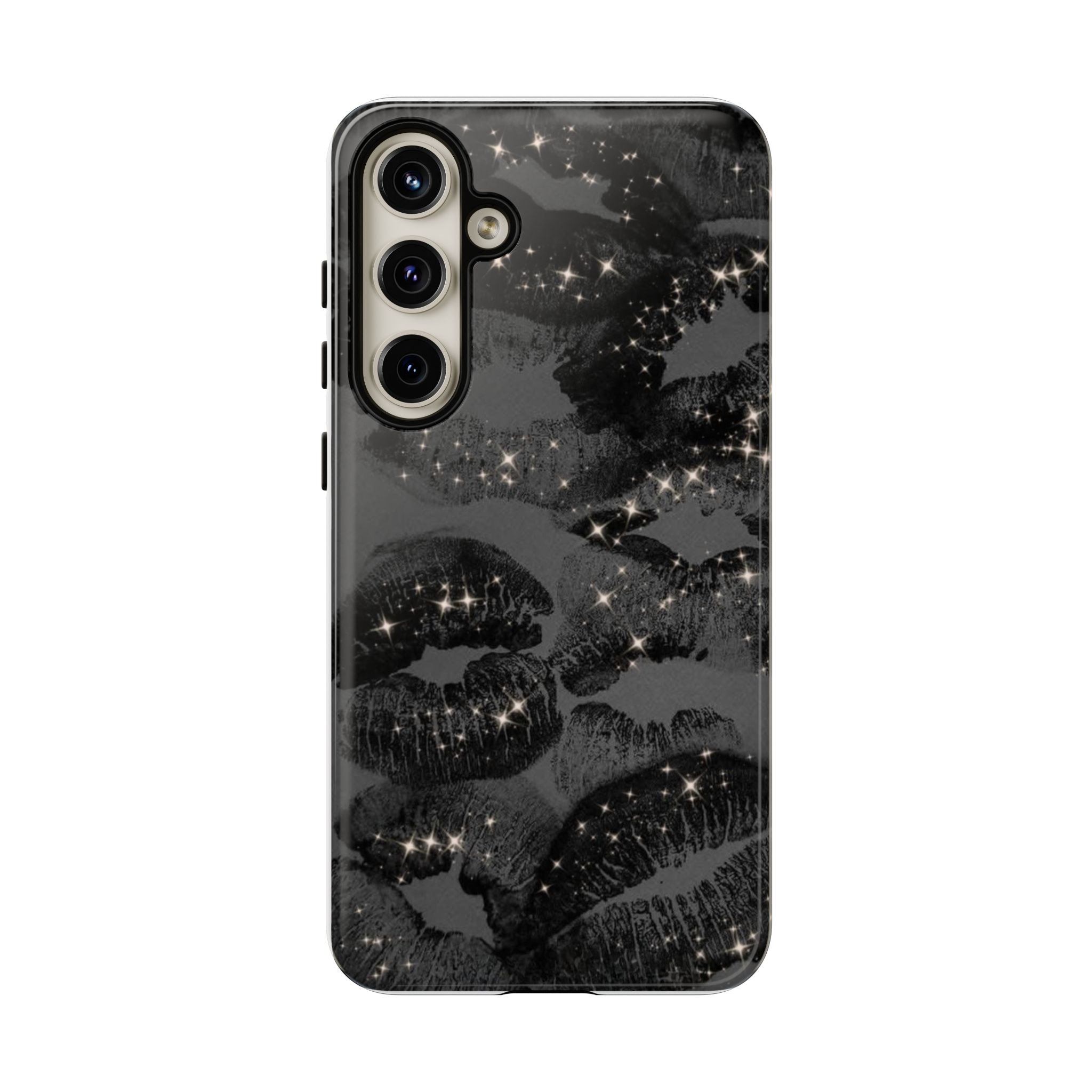 Black Glitter Kiss Phone Case — Sparkling Lip Print Protective Cover