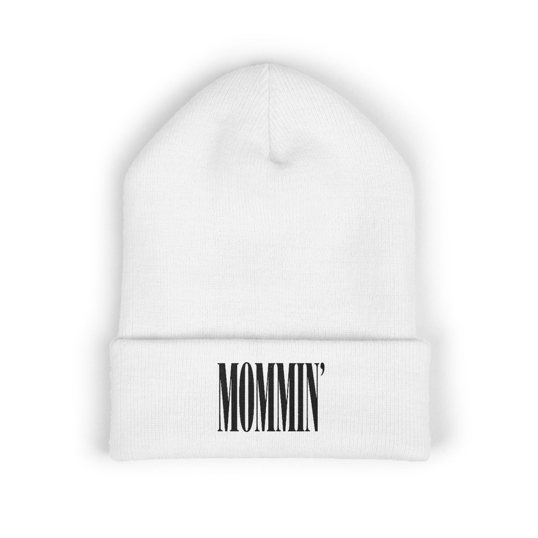 Embroidered "Mommin'" Cuffed Beanie — Cozy Knit Mom Hat