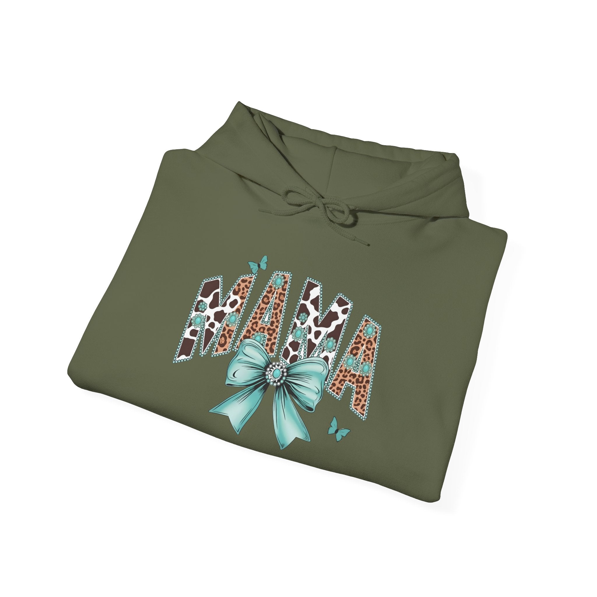 Mama Leopard Letters teal bow Hoodie | Cow print back panel, sleeve bows