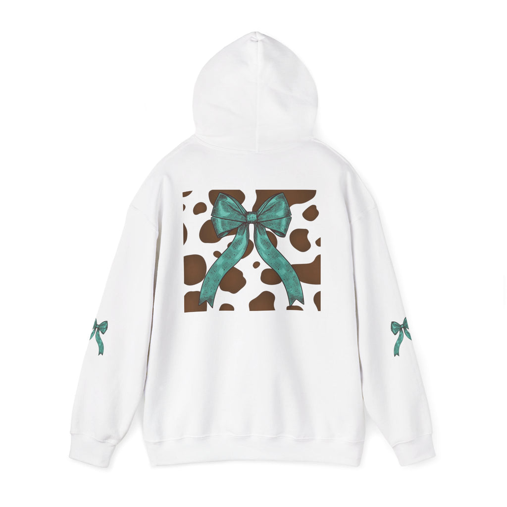 Mama Leopard Letters teal bow Hoodie | Cow print back panel, sleeve bows