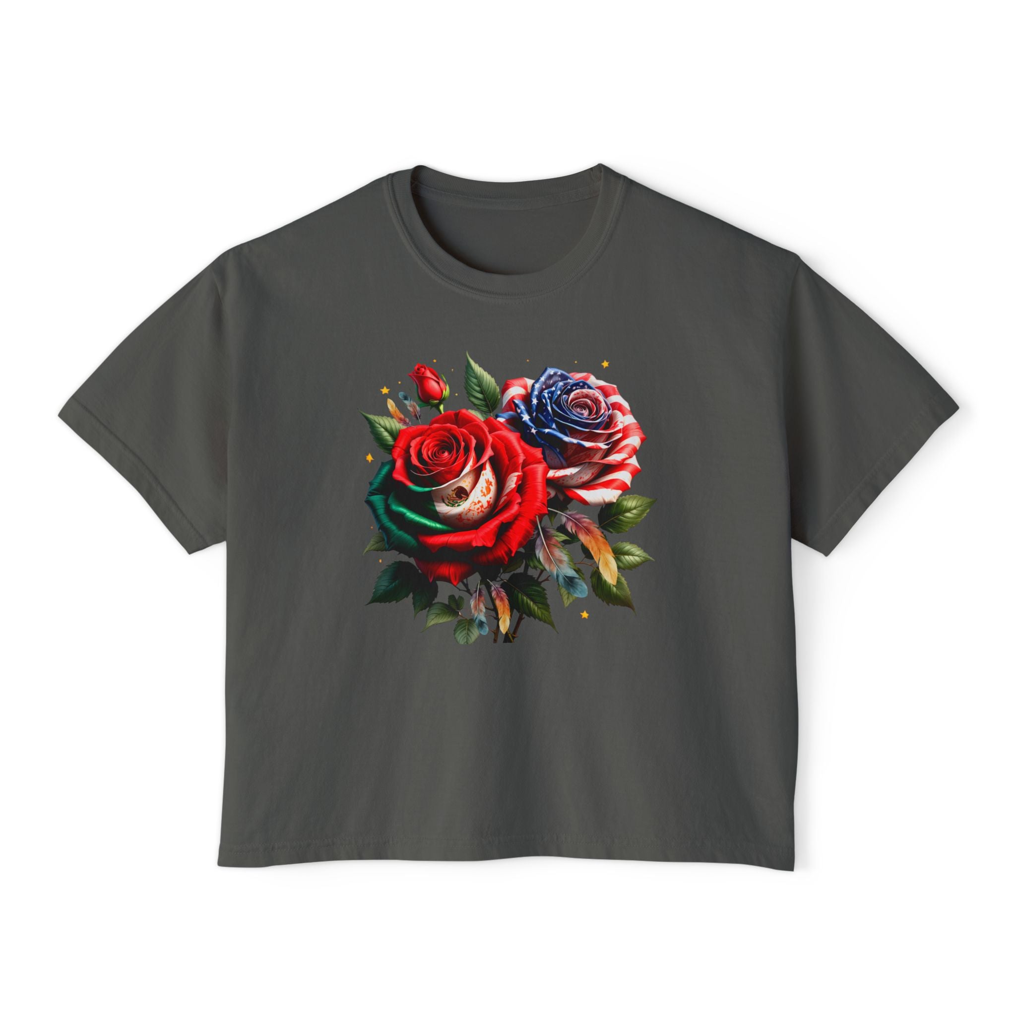 Women’s Boxy Tee — Vintage Red & Blue Rose Floral Graphic