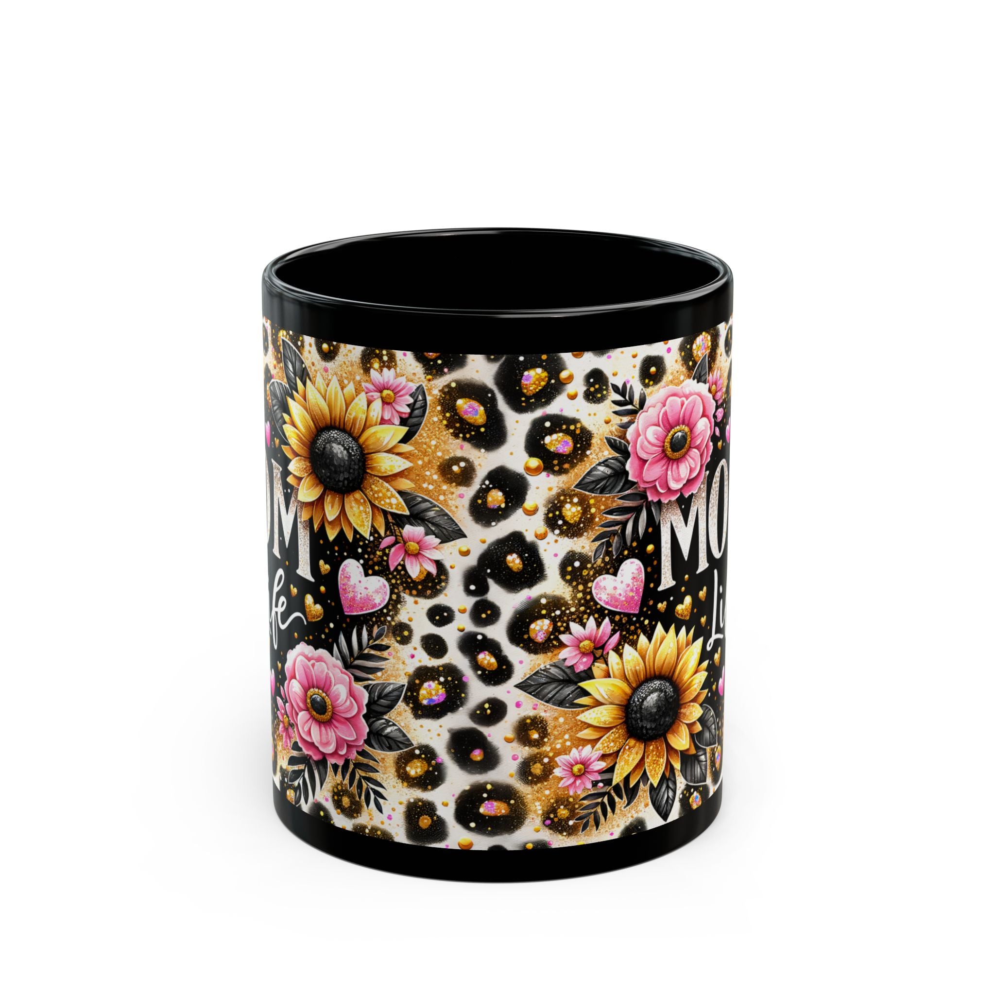 Mom Life Leopard Sunflower Black Ceramic Mug (11oz/15oz)