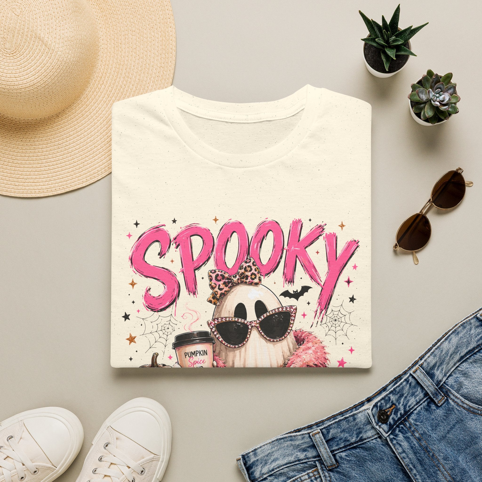 Spooky Glam T-Shirt — Cute Pink Ghost with Sunglasses & Pumpkin Latte