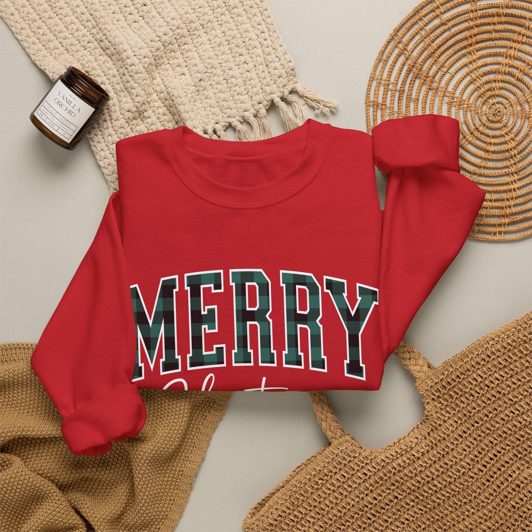 Merry Christmas Crewneck Sweatshirt – Plaid Holiday Graphic Crew
