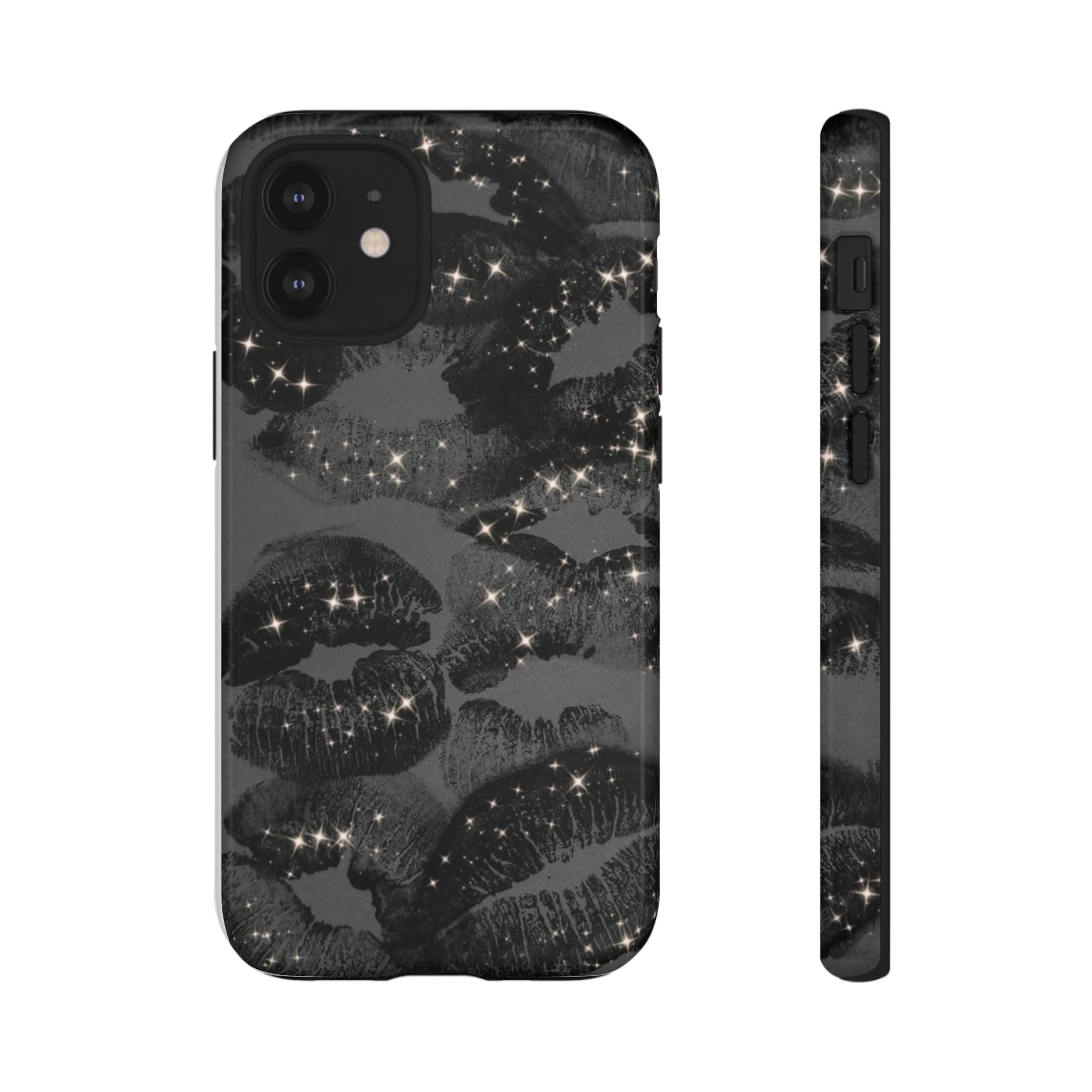 Black Glitter Kiss Phone Case — Sparkling Lip Print Protective Cover