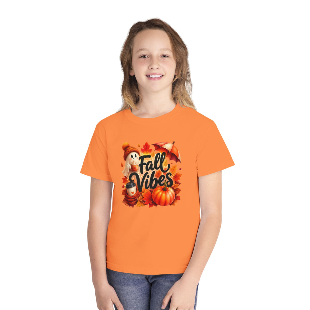 Fall Vibes Youth Tee — Cute Pumpkin, Leaves & Scarecrow Autumn Shirt