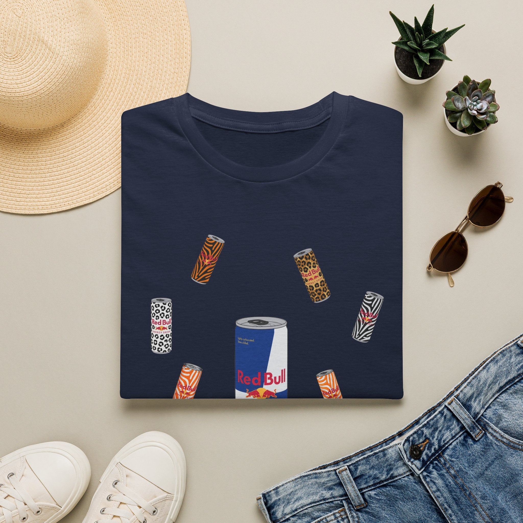 Energy Drink & Lip Balm Graphic T-Shirt — Playful Red Bull Design