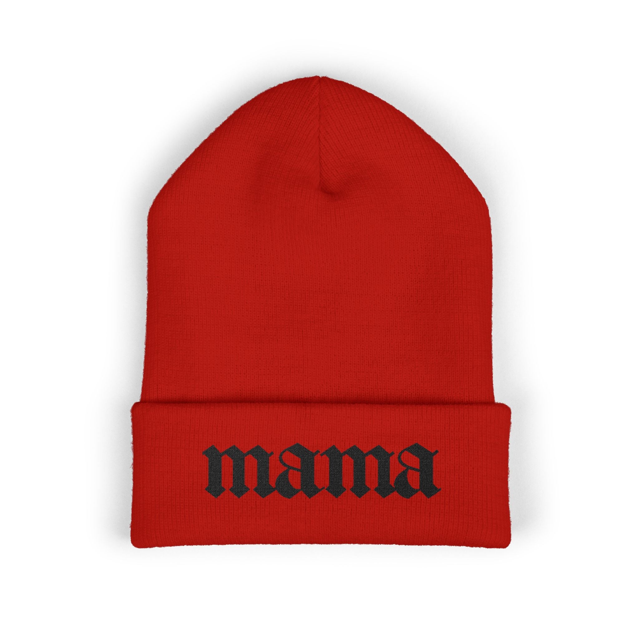 Mama Embroidered Cuffed Beanie — Gothic Script Knit Hat for Moms
