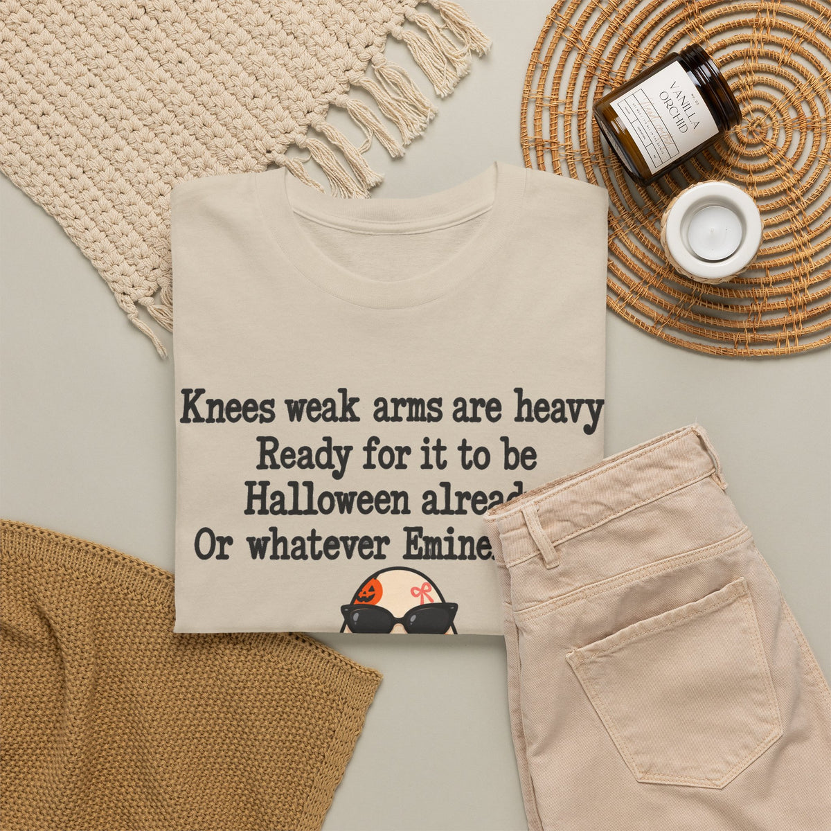 Funny Halloween Ghost T-Shirt — "Knees weak arms are heavy. Ready for it to be Halloween already. Or whatever Slim said."