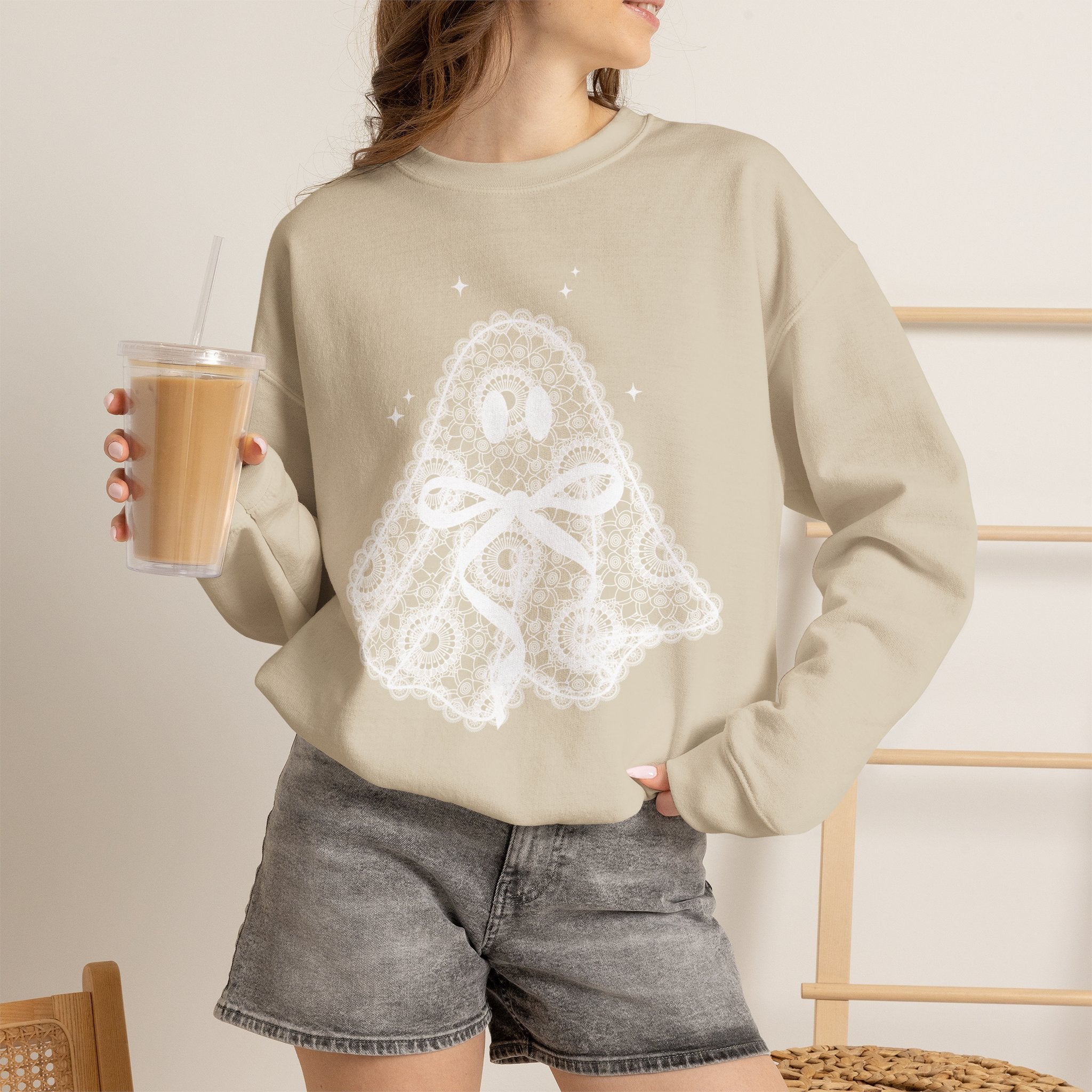 Crewneck Sweatshirt — Lace Ghost Illustration Cozy Halloween Pullover