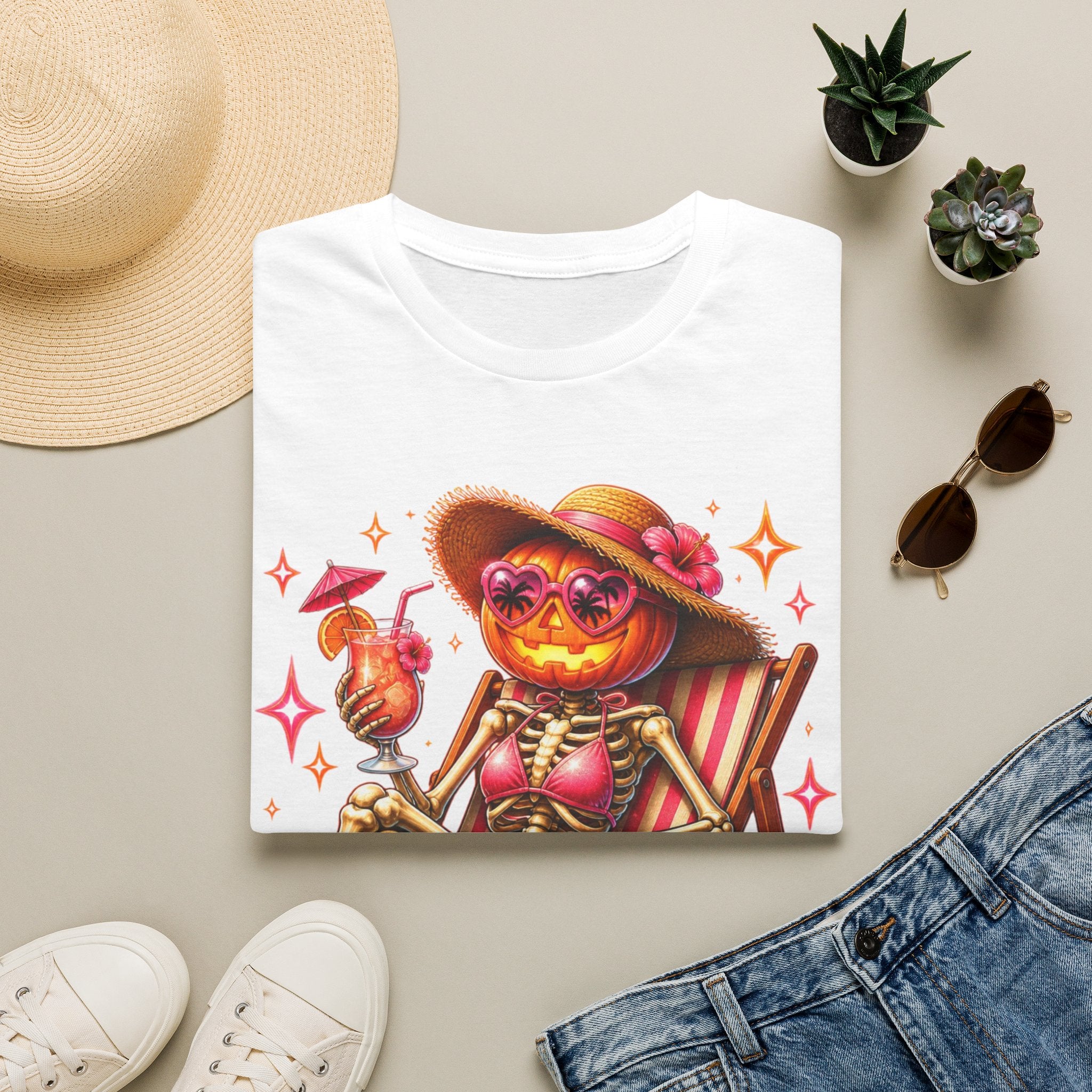 Summerween Vibes T-Shirt — Pumpkin Skeleton Beach Tee
