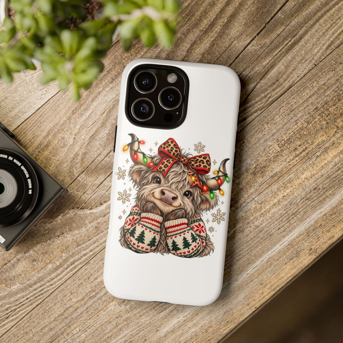 Holiday Highland Cow Phone Case – Festive Lights & Cozy Sweater Design