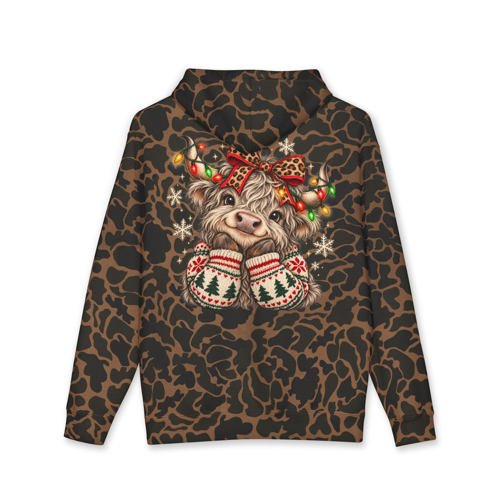Christmas Cow Hoodie – Cute Highland Cow with Festive Lights & 'Merry Dolly Christmas' Design