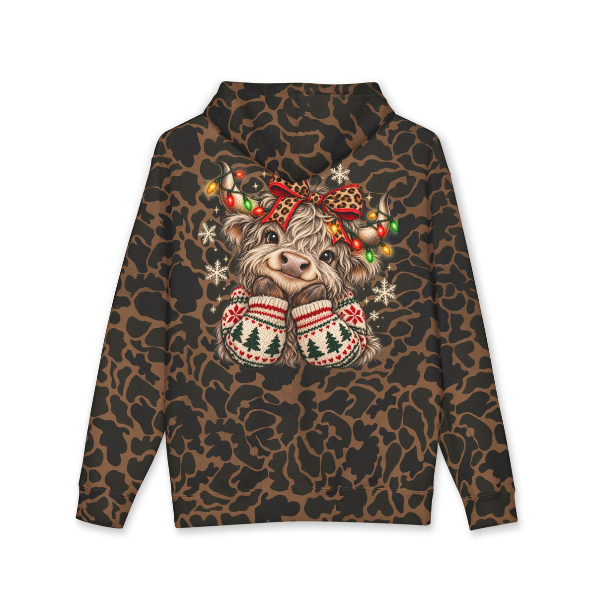 Christmas Cow Hoodie – Cute Highland Cow with Festive Lights & 'Merry Dolly Christmas' Design