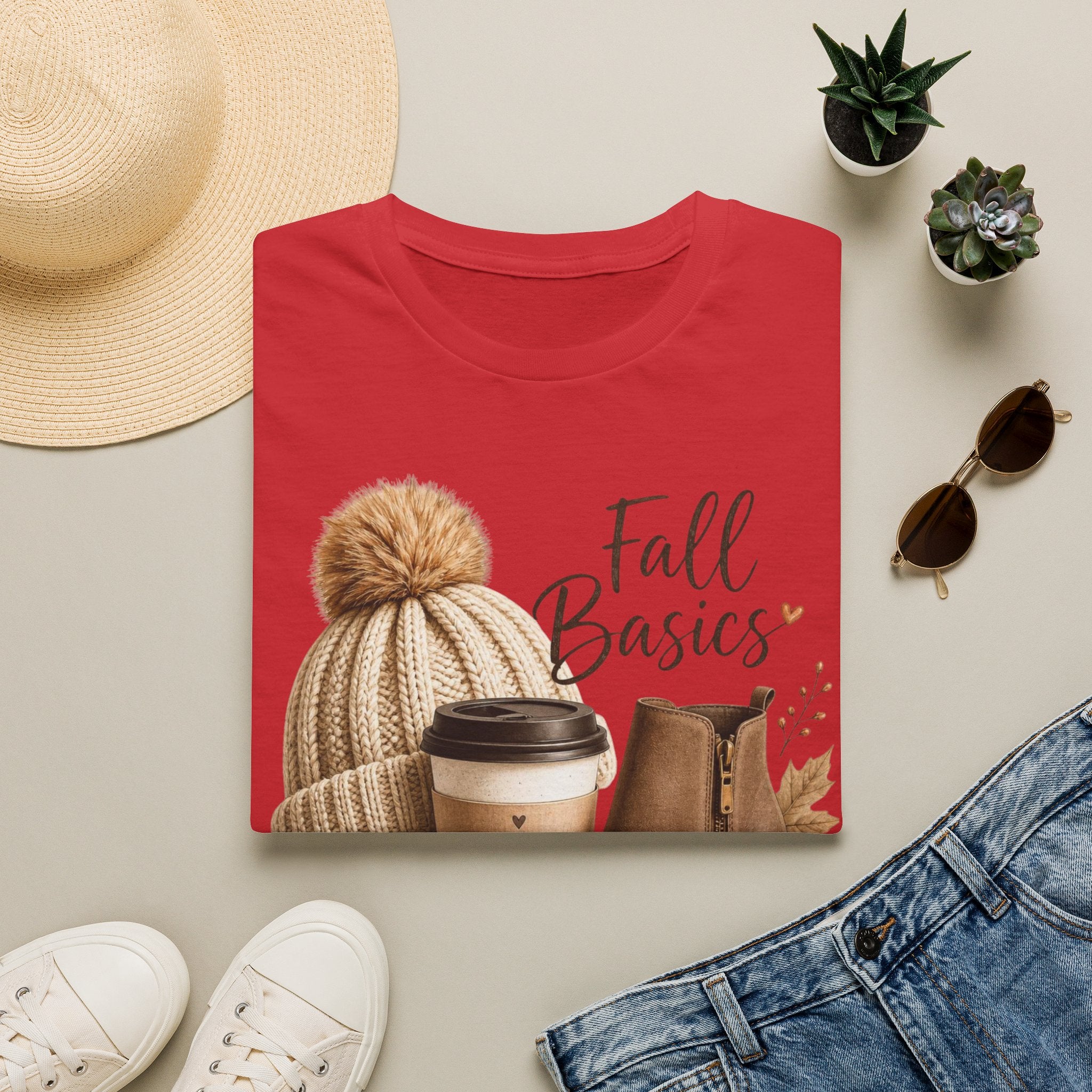 Fall Basics T-Shirt — Cozy Autumn Beanie, Coffee & Boots Tee