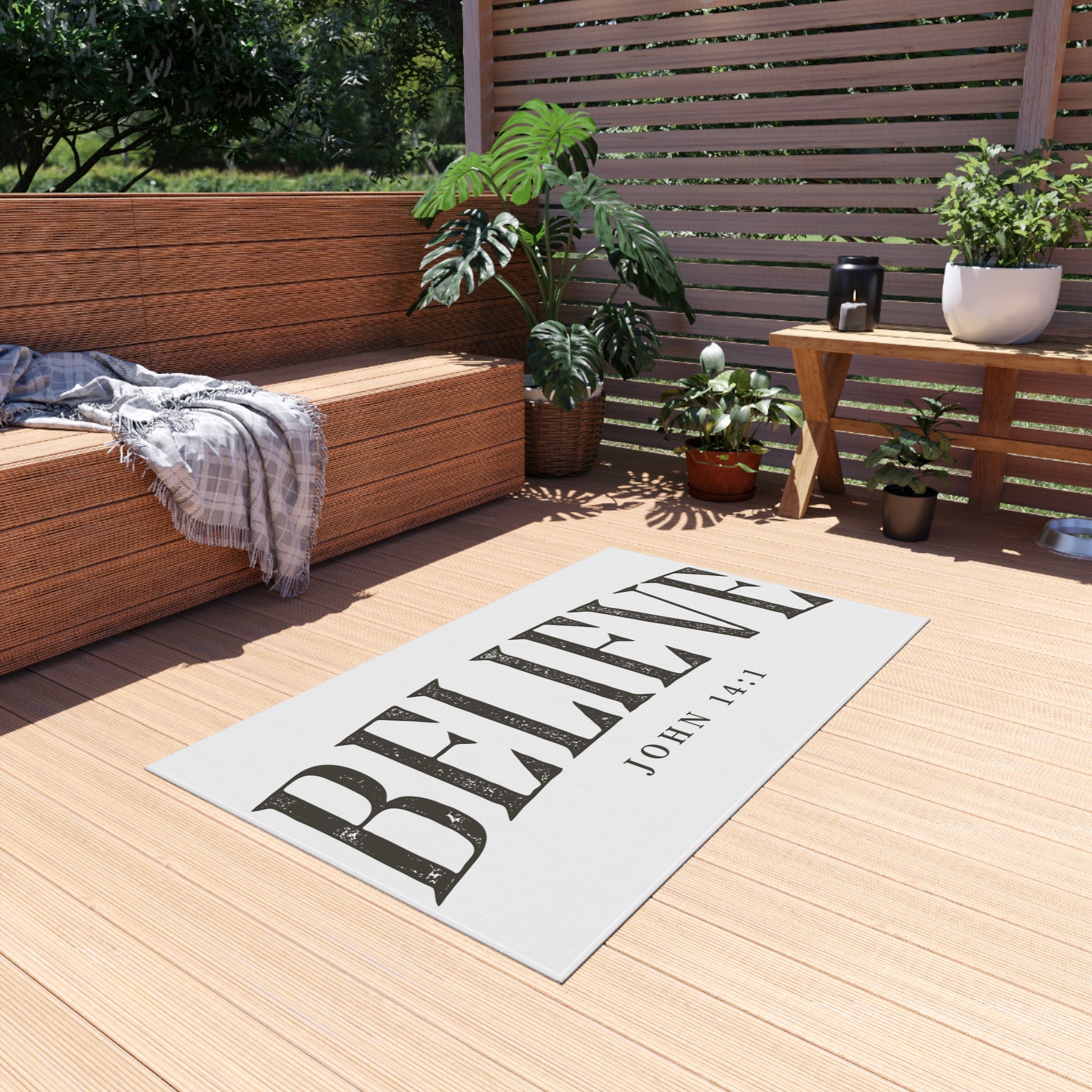 Believe Outdoor Rug — "Believe" John 14:1 Scripture Doormat