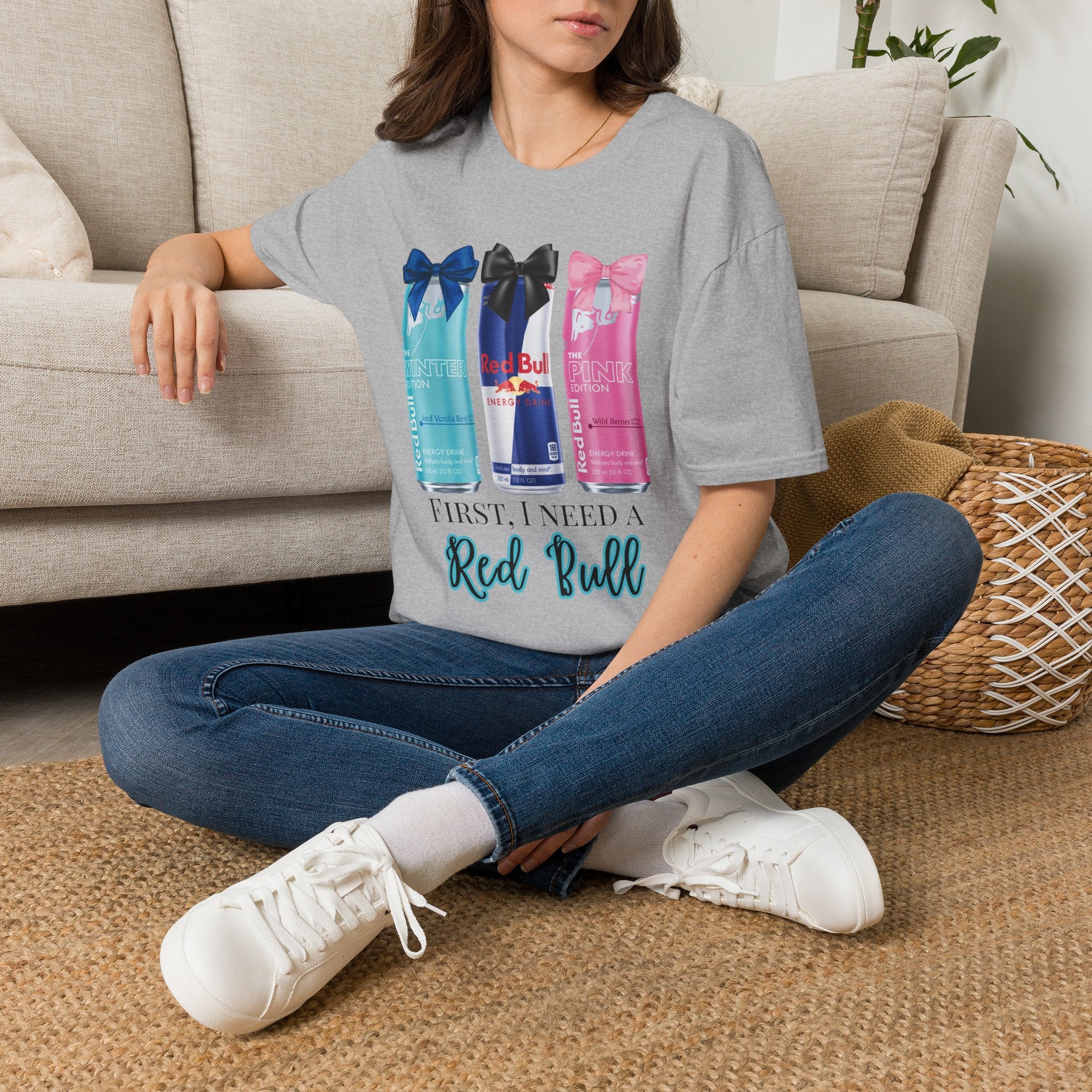 Red Bull Cans Graphic T-Shirt — “First I Need Red Bull” Energy Drink Tee