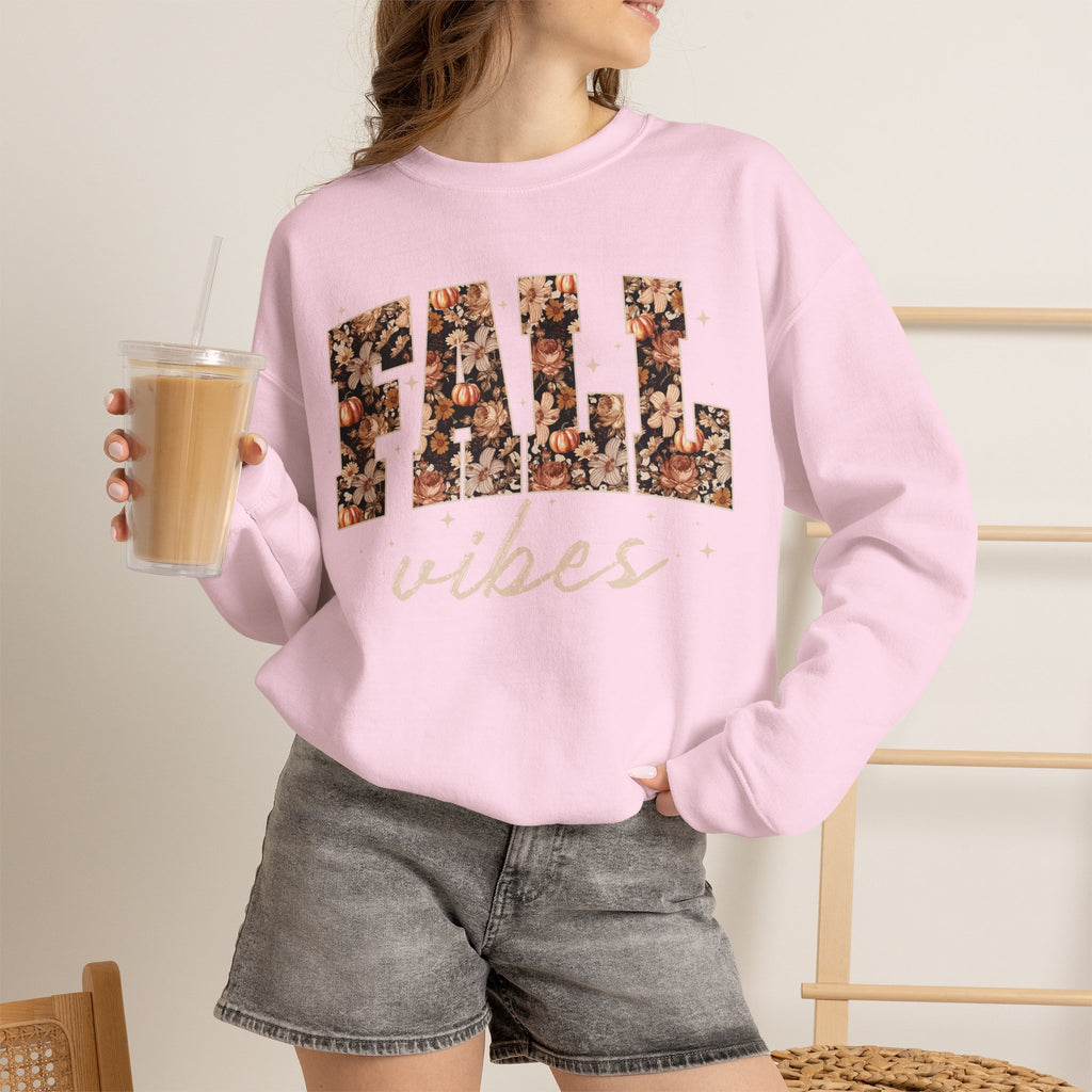 Fall Vibes Crewneck Sweatshirt — Floral Lettering Autumn Pullover