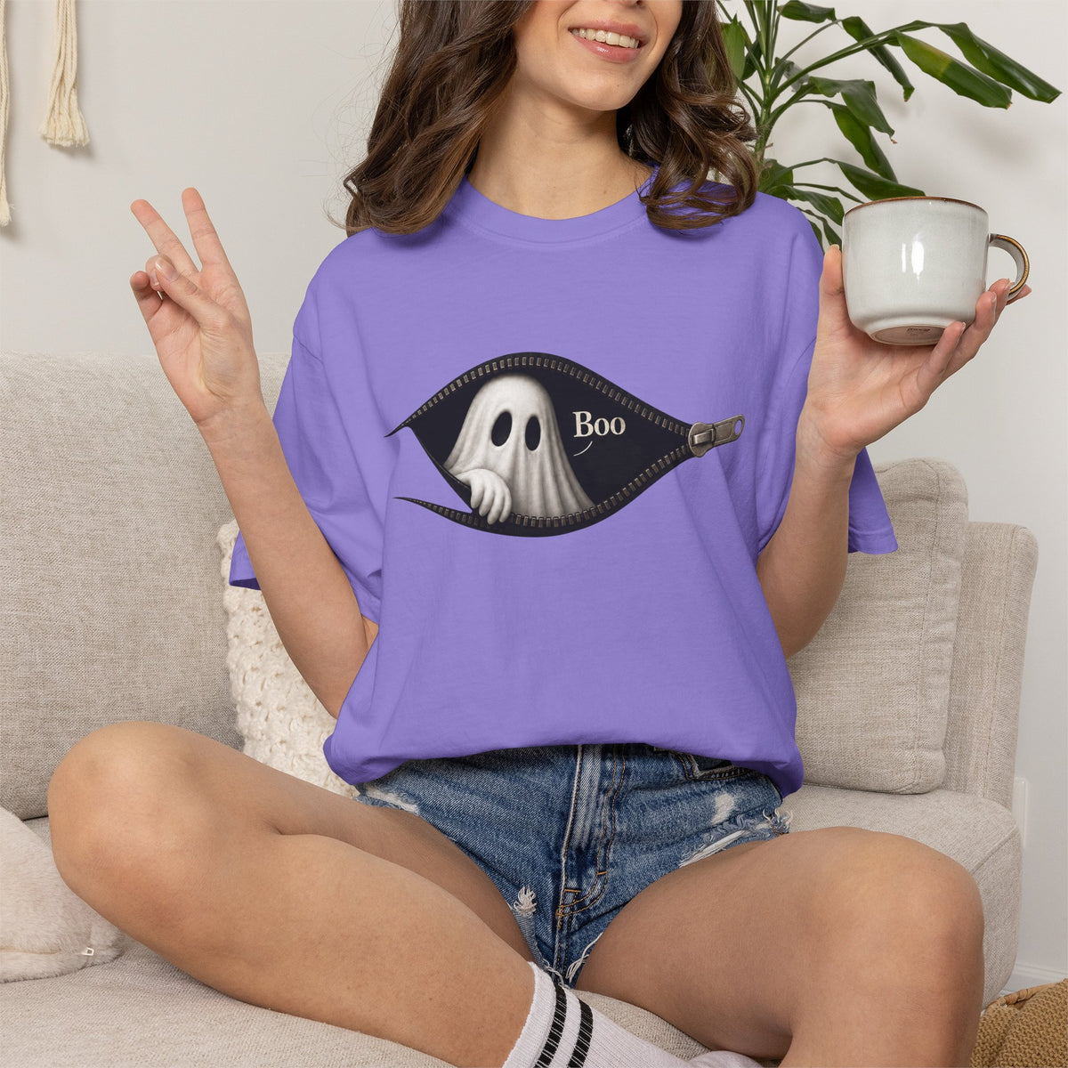 Ghost Peek T-Shirt — "Boo" Zipper Graphic Halloween Tee