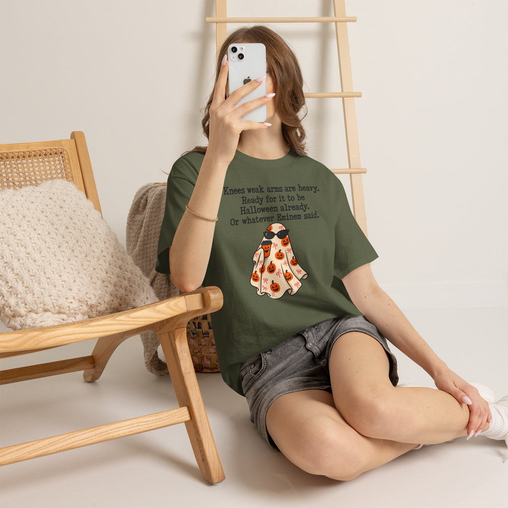 Funny Halloween Ghost T-Shirt — "Knees weak arms are heavy. Ready for it to be Halloween already. Or whatever Slim said."