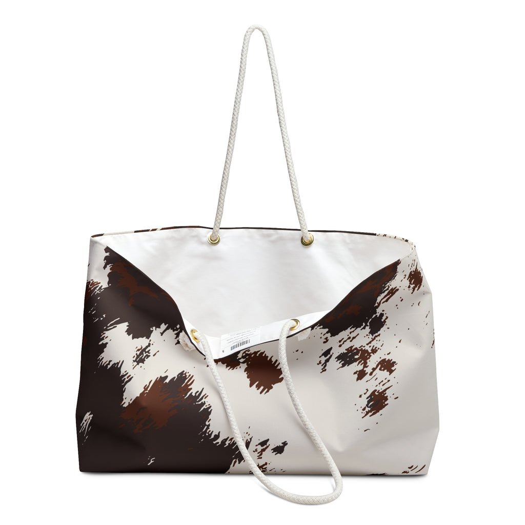 Cowhide Print Weekender Bag — Brown & White Travel Tote