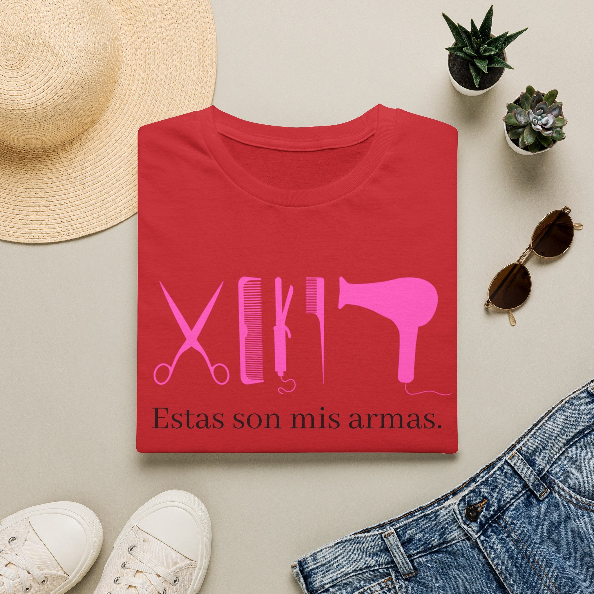 Hair Stylist Tools T-Shirt — "Estas son mis armas" Pink Salon Graphic