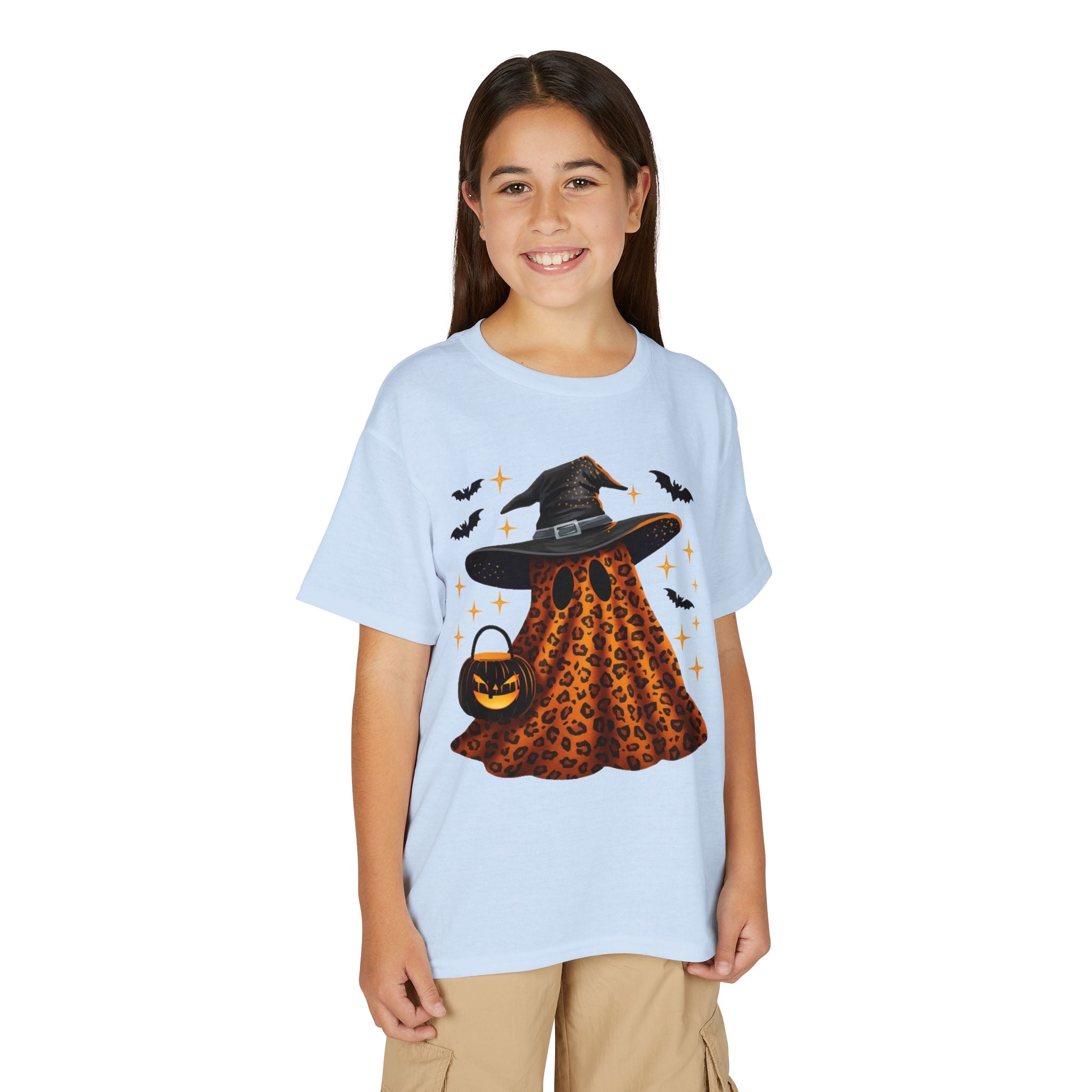 Youth T-Shirt — Leopard Witch Ghost Halloween Tee (Pumpkin Candy Bag, Bats)