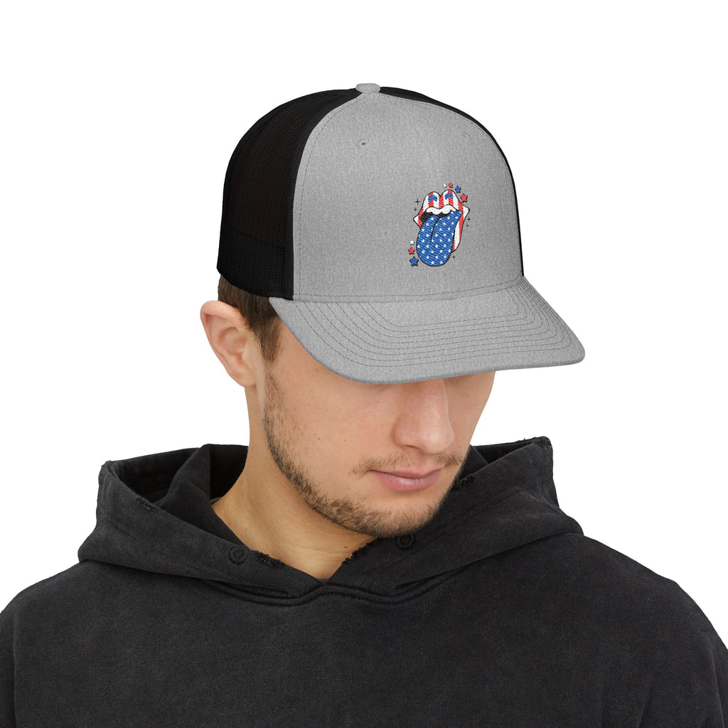 Patriotic Tongue Trucker Cap — American Flag Mouth Snapback