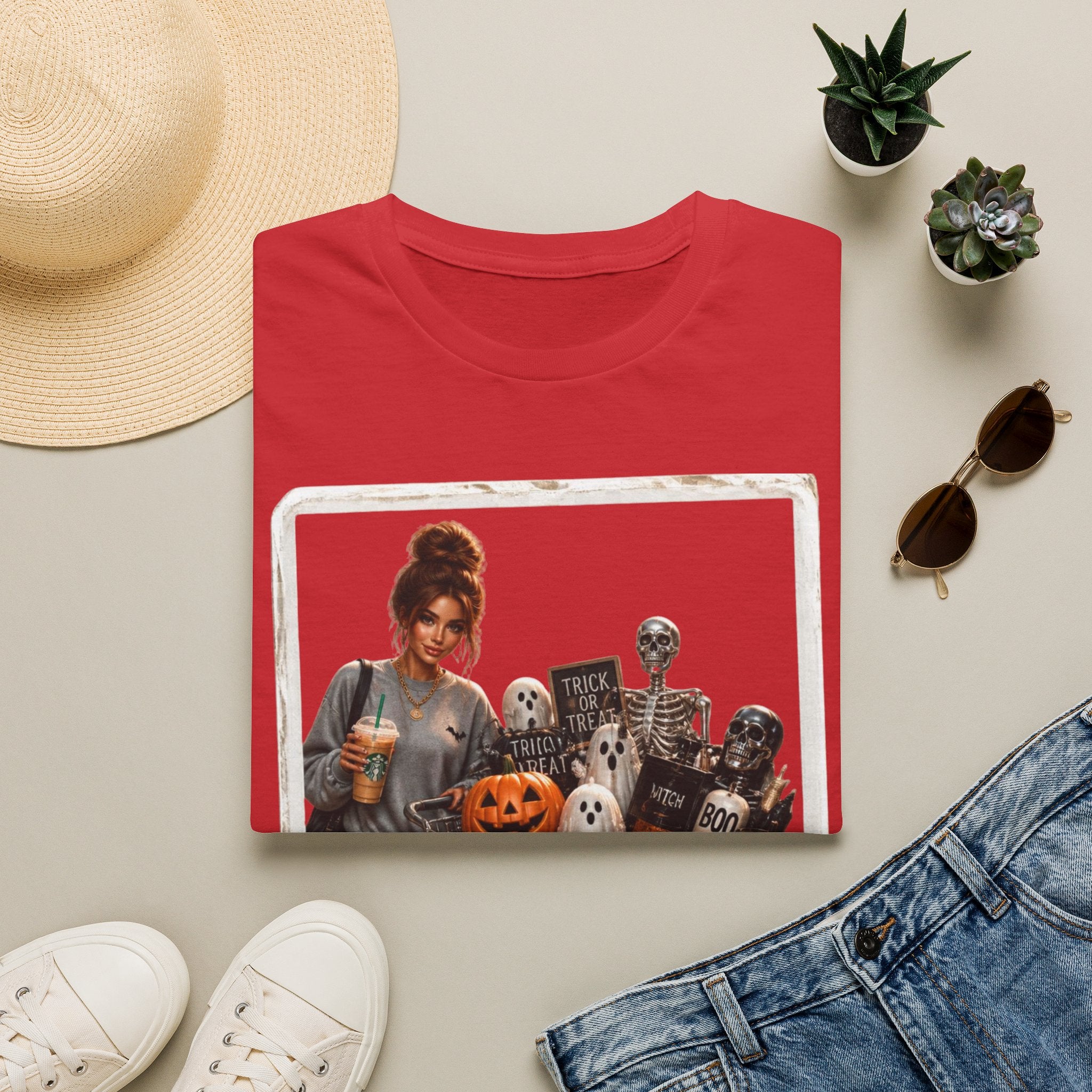 Halloween Cozy Tee — Woman with Pumpkin & Skeleton Graphic