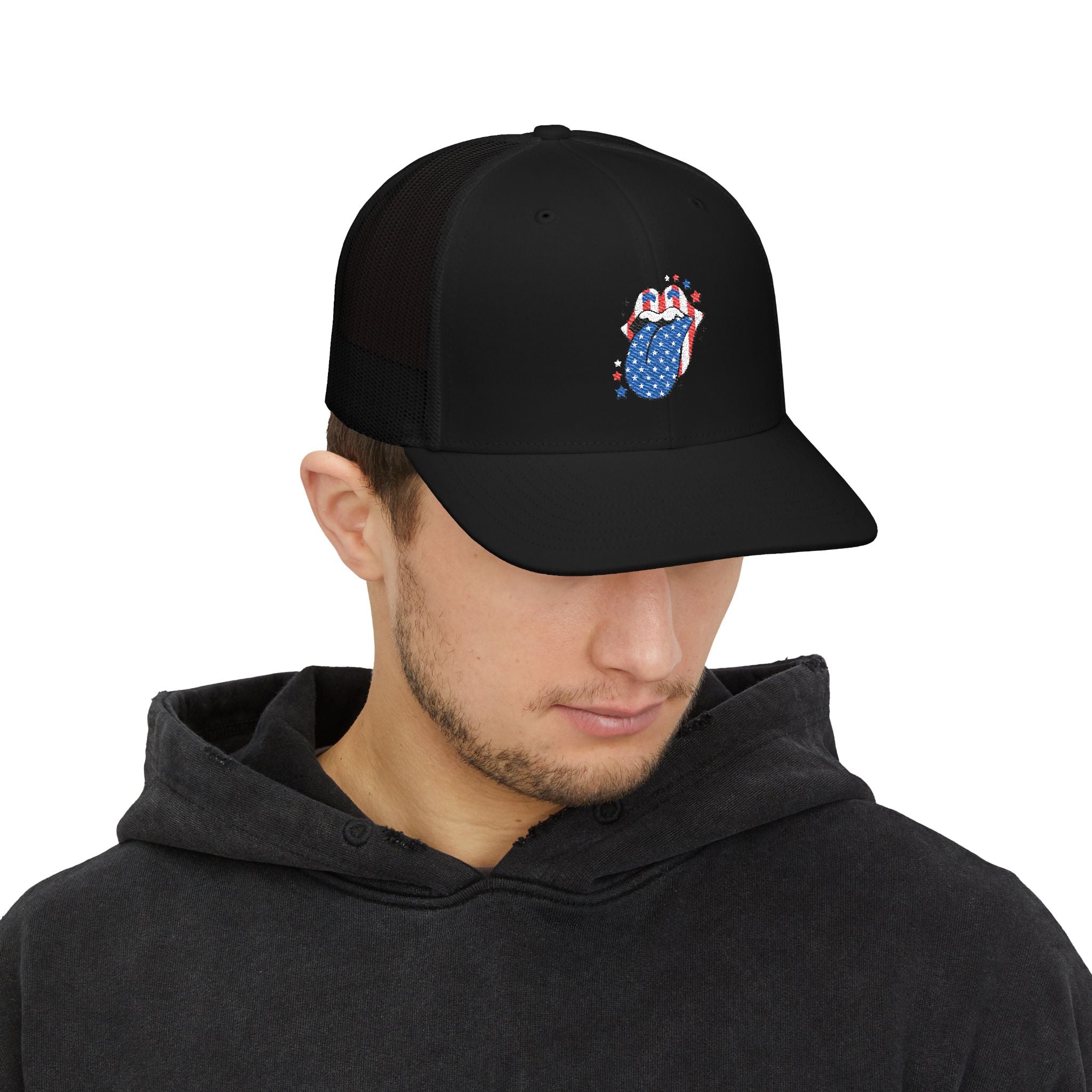 Patriotic Tongue Trucker Cap — American Flag Mouth Snapback