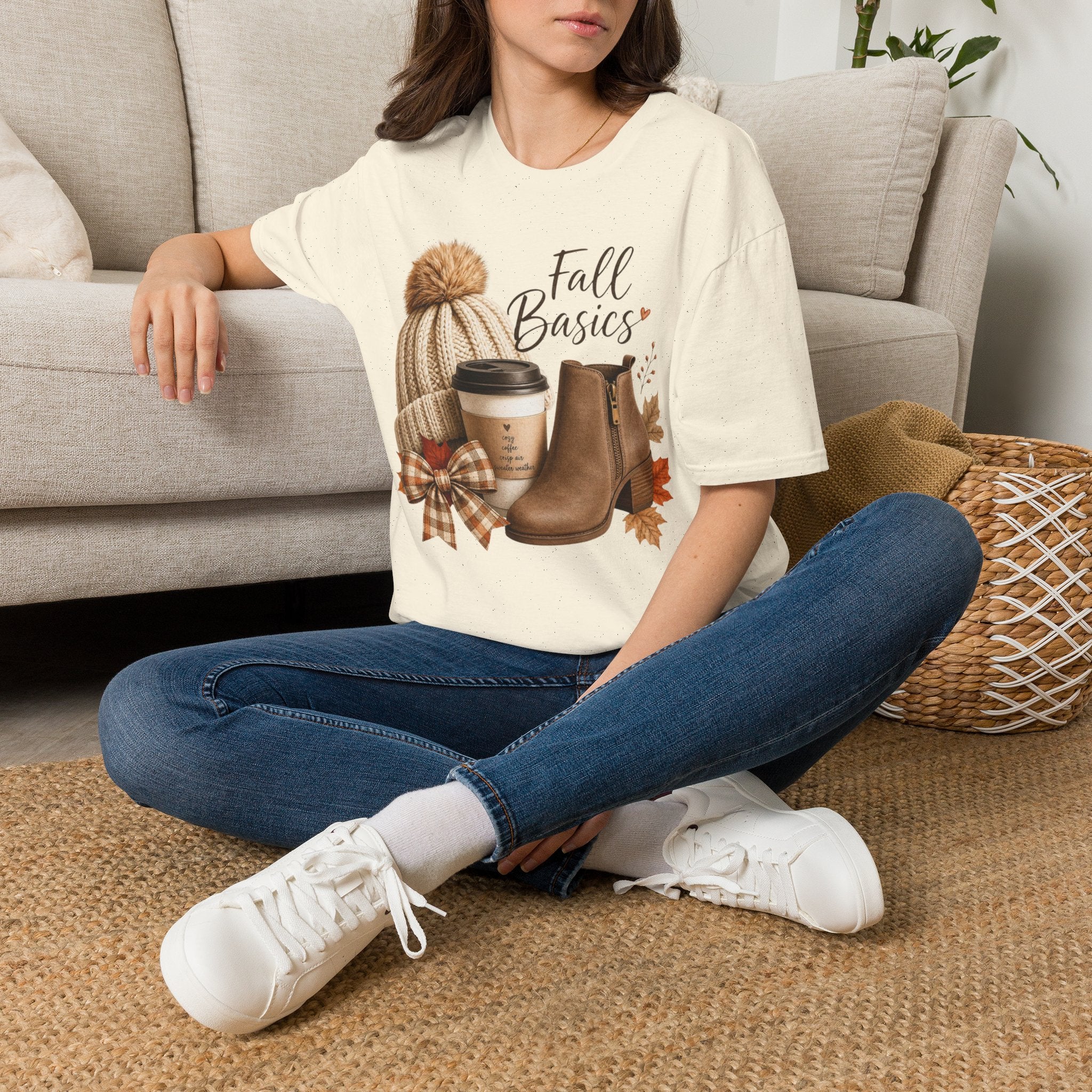 Fall Basics T-Shirt — Cozy Autumn Beanie, Coffee & Boots Tee