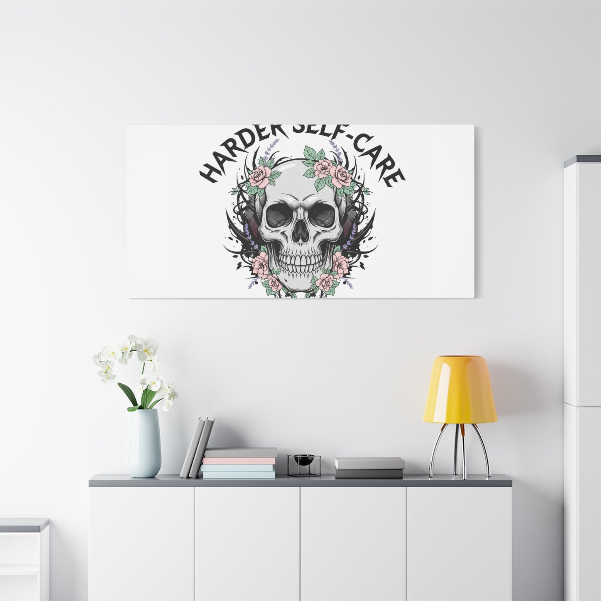 Harder Self-Care Skull Canvas | Heavy Metal Wellness, gothic wellness quote