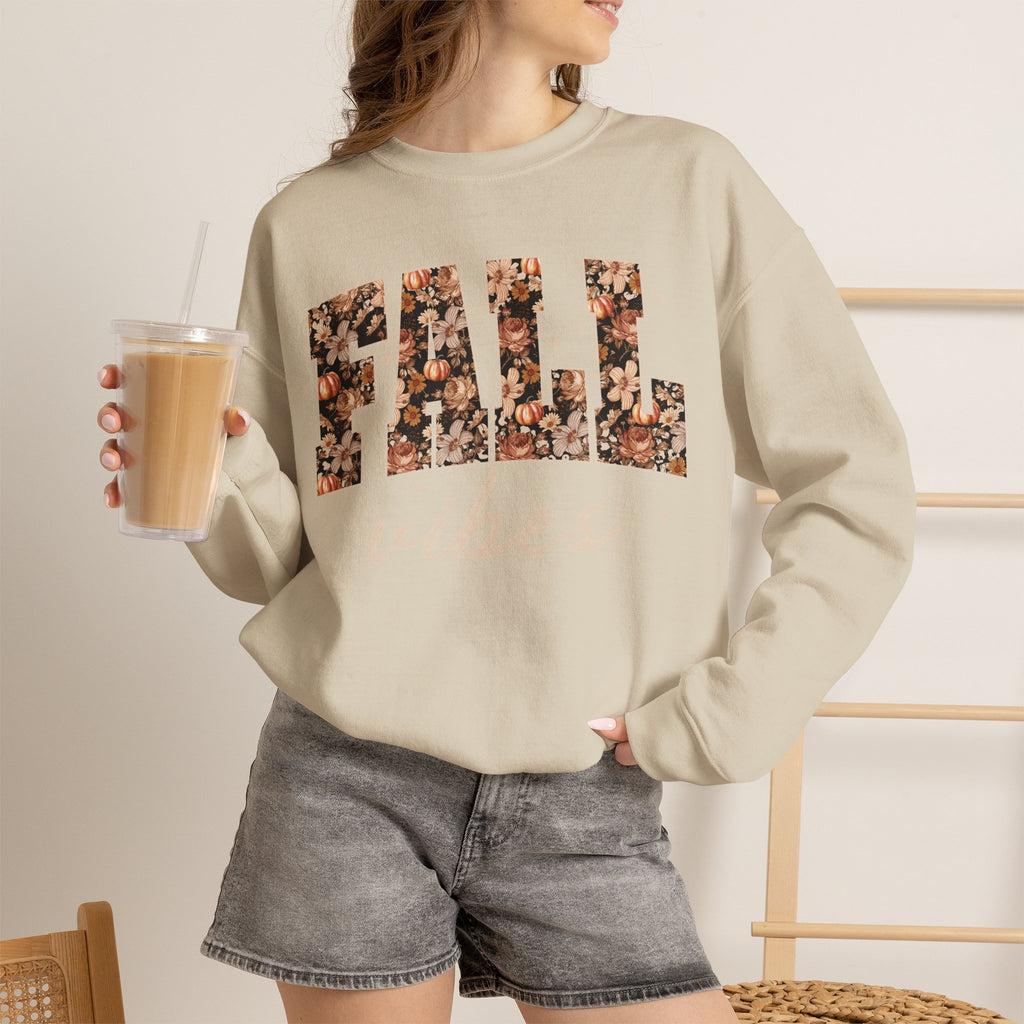 Fall Vibes Crewneck Sweatshirt — Floral Lettering Autumn Pullover