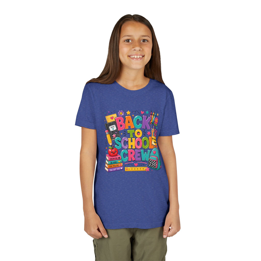 Back to School Crew Youth Tee — Colorful Kids' School Backpack & Books Graphic Shirt