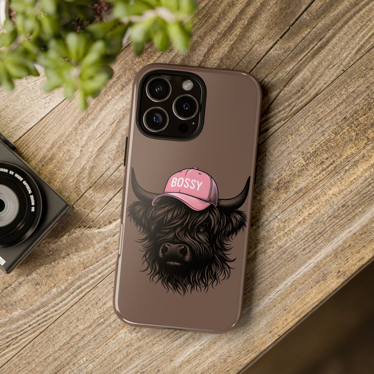 Phone Case — Highland Cow Wearing 'BOSSY' Pink Hat, Cute Farm Animal Protective Cover