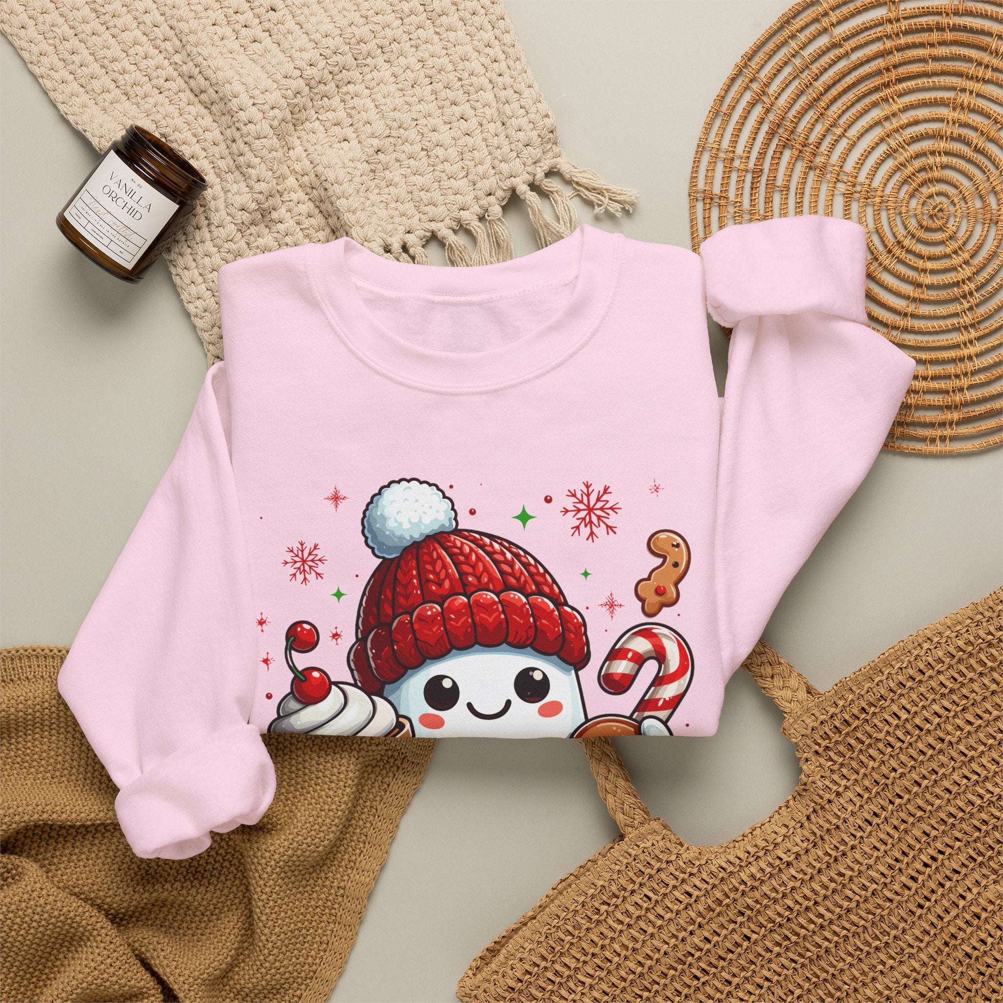 Holiday Marshmallow Character Sweatshirt — Cute Snowman with Gingerbread & Hot Cocoa