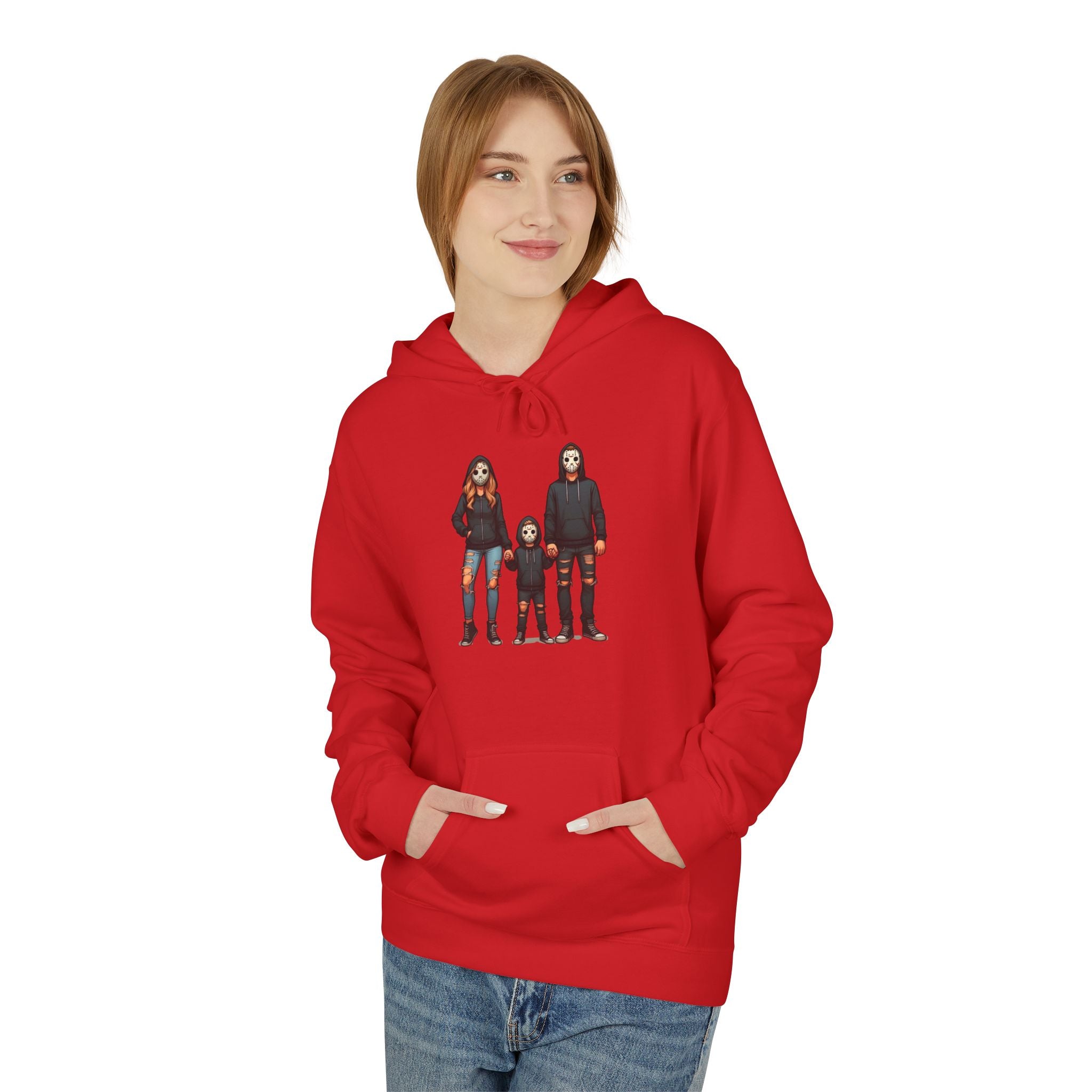 Horror Trio Graphic Hoodie — Creepy Doll & Twins Illustration