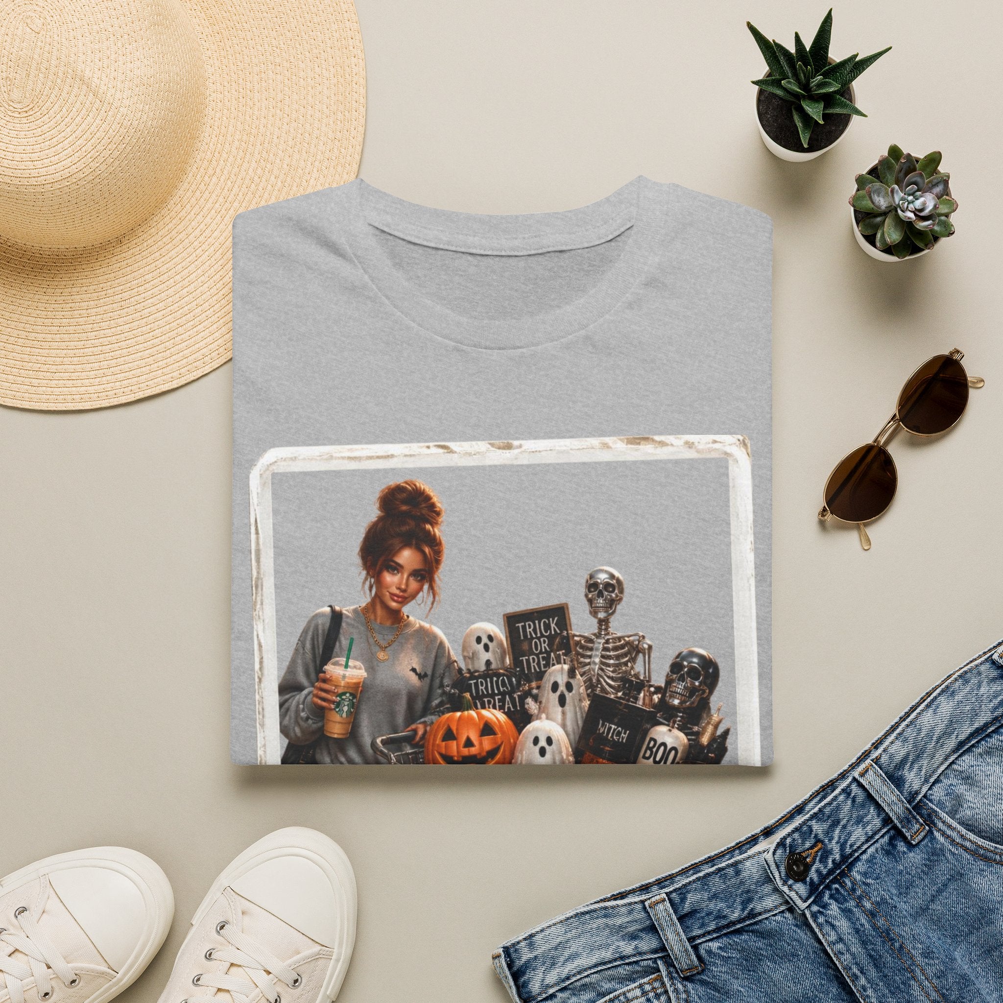 Halloween Cozy Tee — Woman with Pumpkin & Skeleton Graphic
