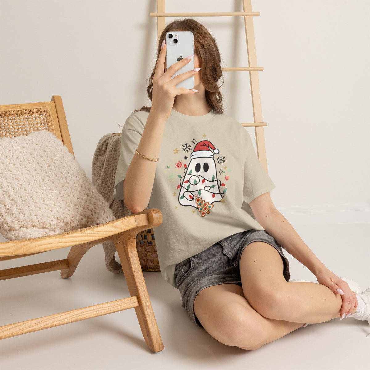Christmas Ghost T-Shirt — Cute Haunted Holiday Tee with Santa Hat & Lights