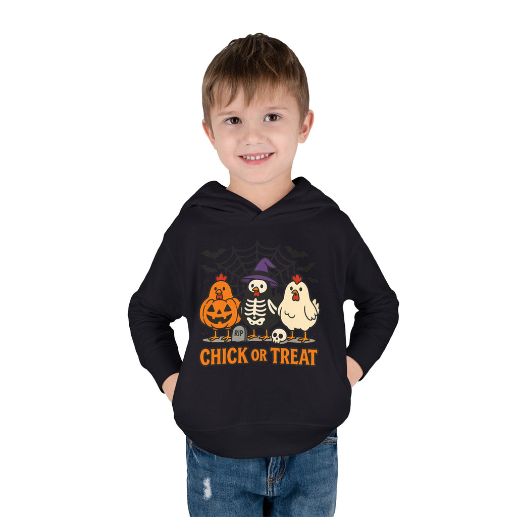 Toddler Halloween Pullover Hoodie – "Chick or Treat" Pumpkin Skeleton Chicken Kids Fleece