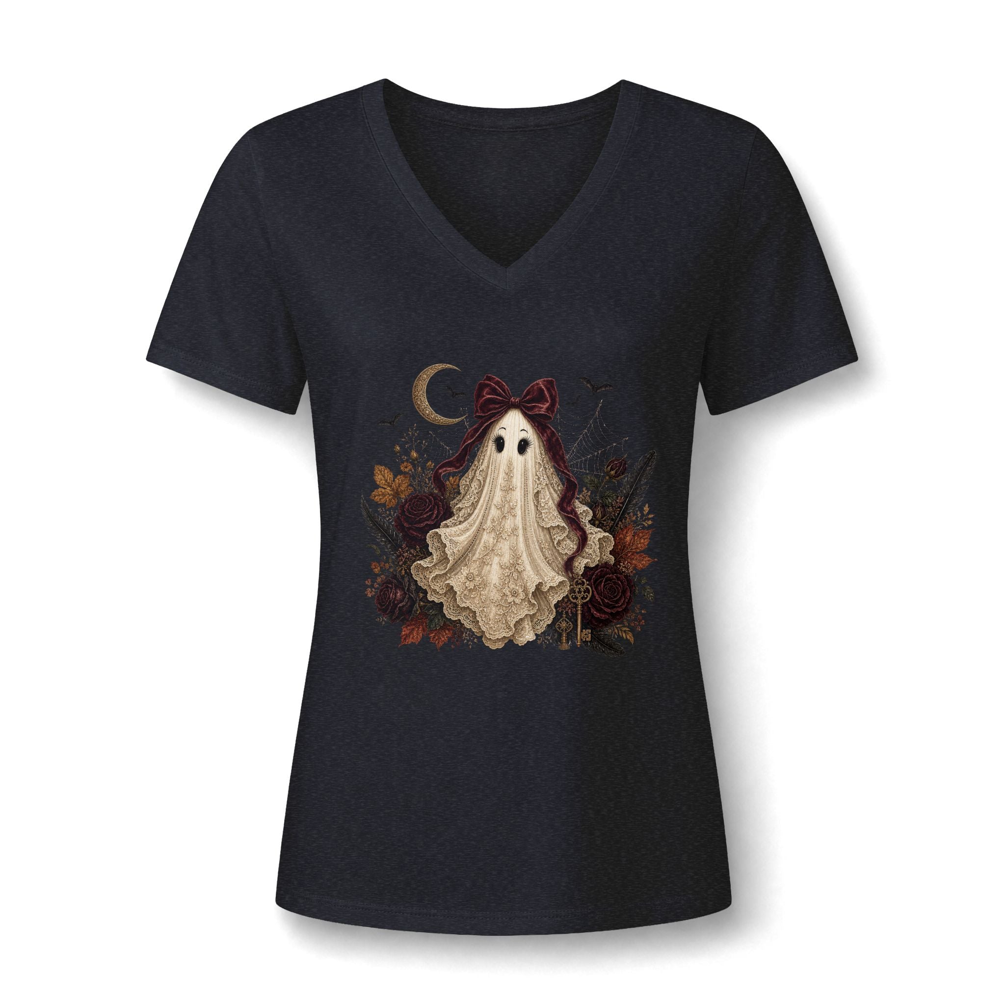 Ghost Girl V-Neck Tee — Cute Vintage Halloween Ghost Design